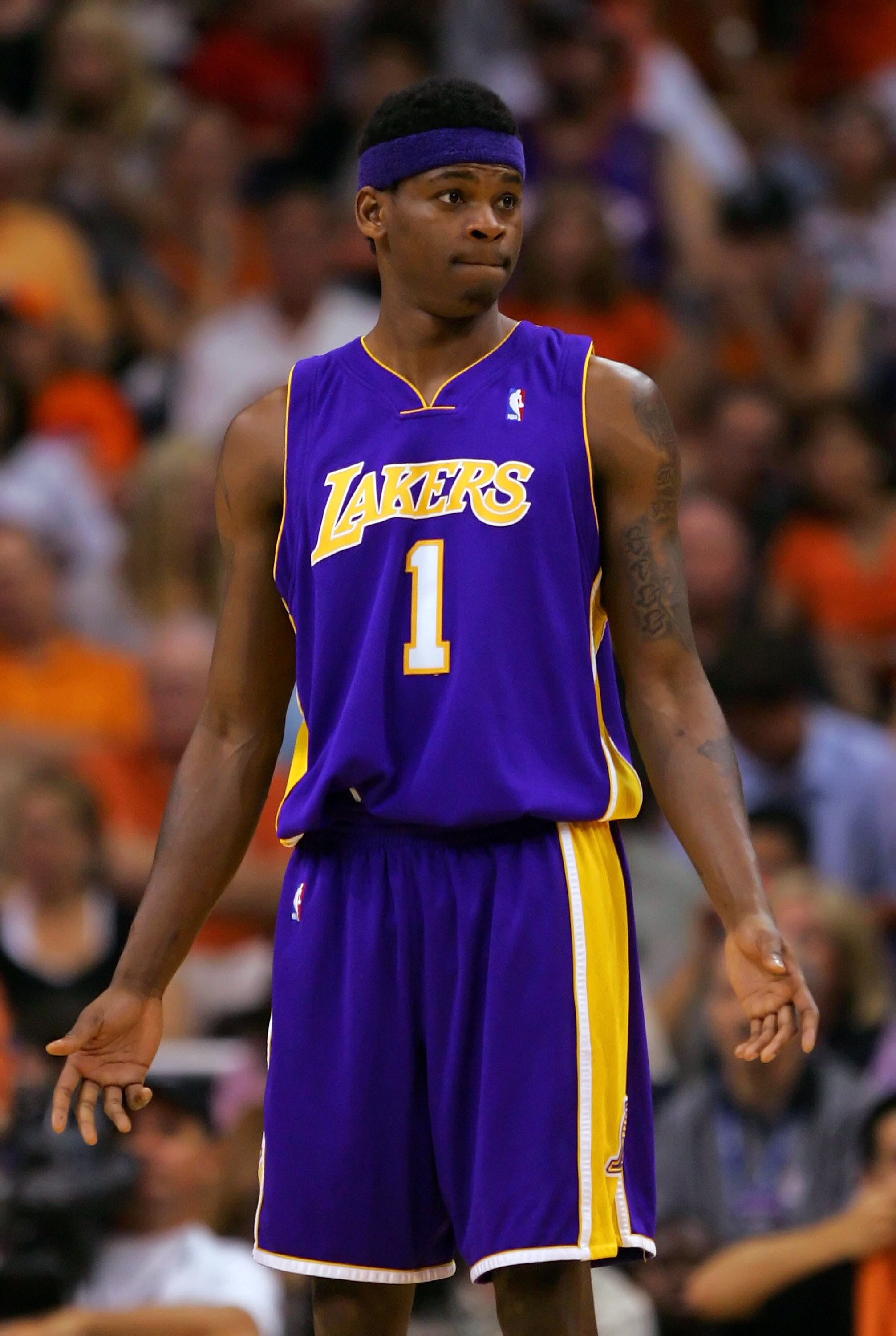 PHOENIX - MAY 02:   Smush Parker #1 of the Los Angeles Lakers reacts in the first half against the Phoenix Suns in Game Five of the Western Conference Quarterfinals during the 2007 NBA Playoffs at US Airways Center on May 2, 2007 in Phoenix, Arizona.  NOT