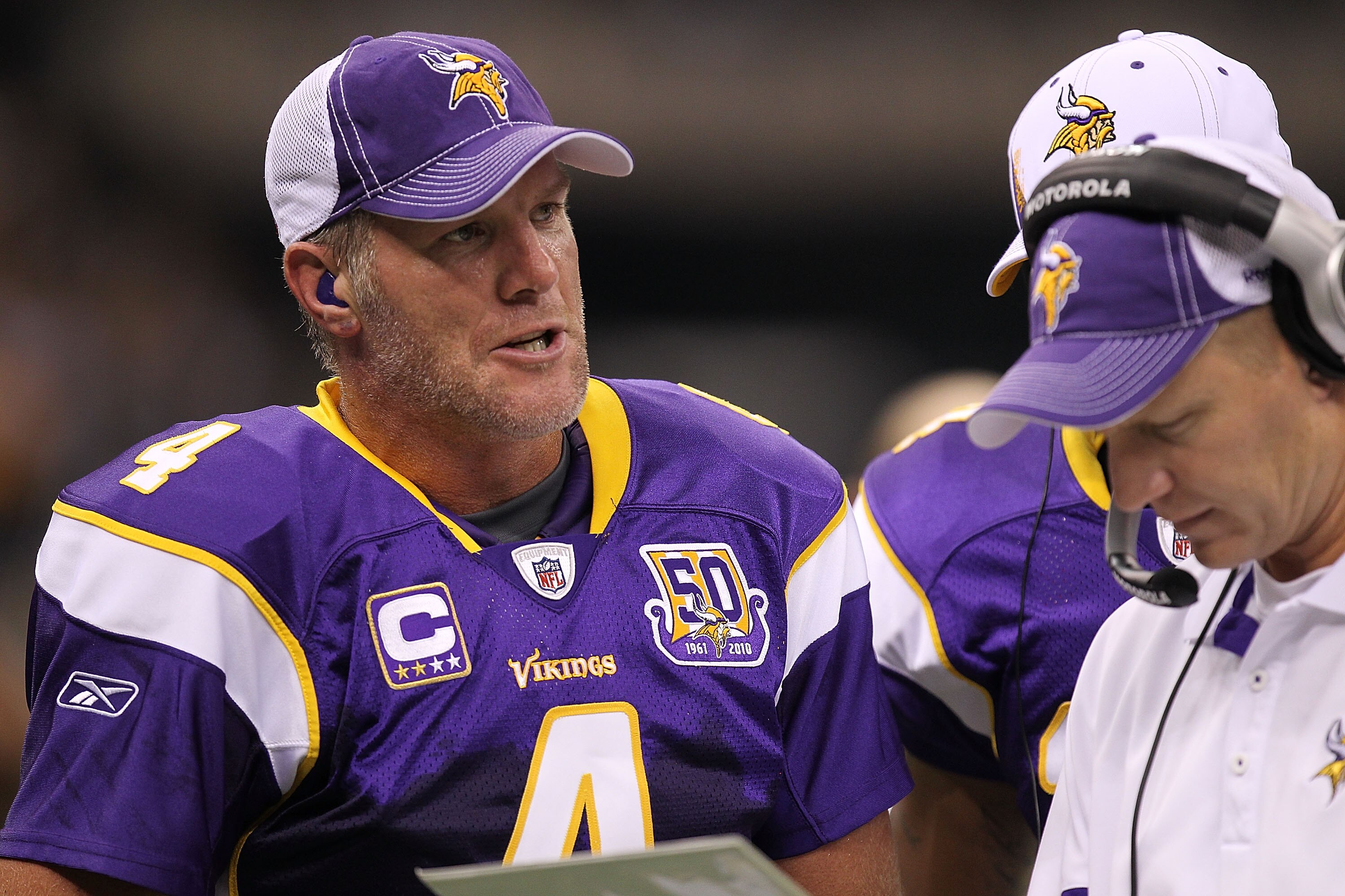 NEW ORLEANS - SEPTEMBER 09: Quarterback Brett Favre #4 of the Minnesota Vikings at Louisiana Superdome on September 9, 2010 in New Orleans, Louisiana. (Photo by Ronald Martinez/Getty Images) NEW ORLEANS - SEPTEMBER 09: Quarterback Brett Favre #4 of the Minnesota Vikings at Louisiana Superdome on September 9, 2010 in New Orleans, Louisiana. (Photo by Ronald Martinez/Getty Images)