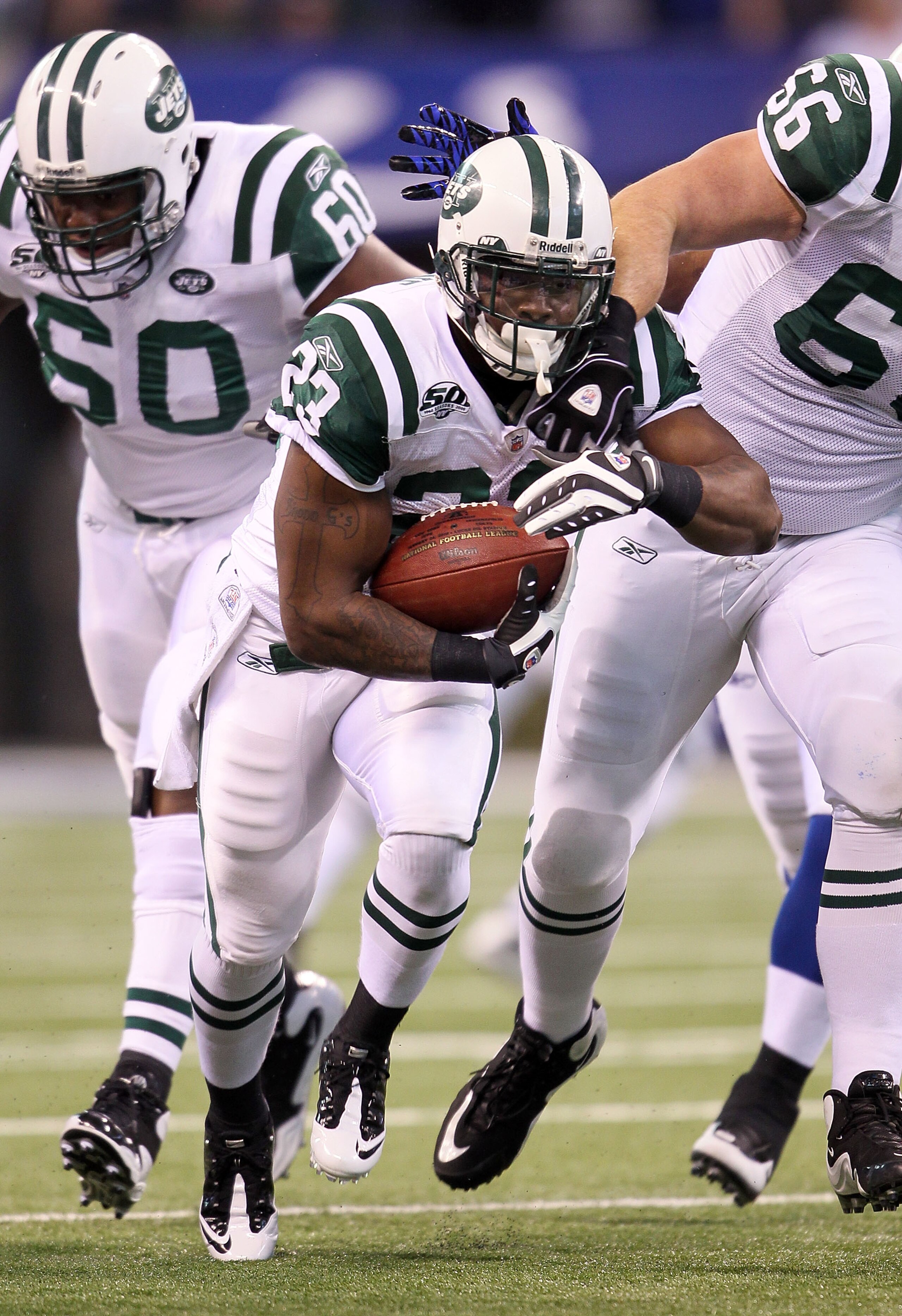 INDIANAPOLIS - JANUARY 24:  Running back Shonn Greene #23 of the New York Jets runs the ball in the first quarter against the Indianapolis Colts during the AFC Championship Game at Lucas Oil Stadium on January 24, 2010 in Indianapolis, Indiana.  (Photo by