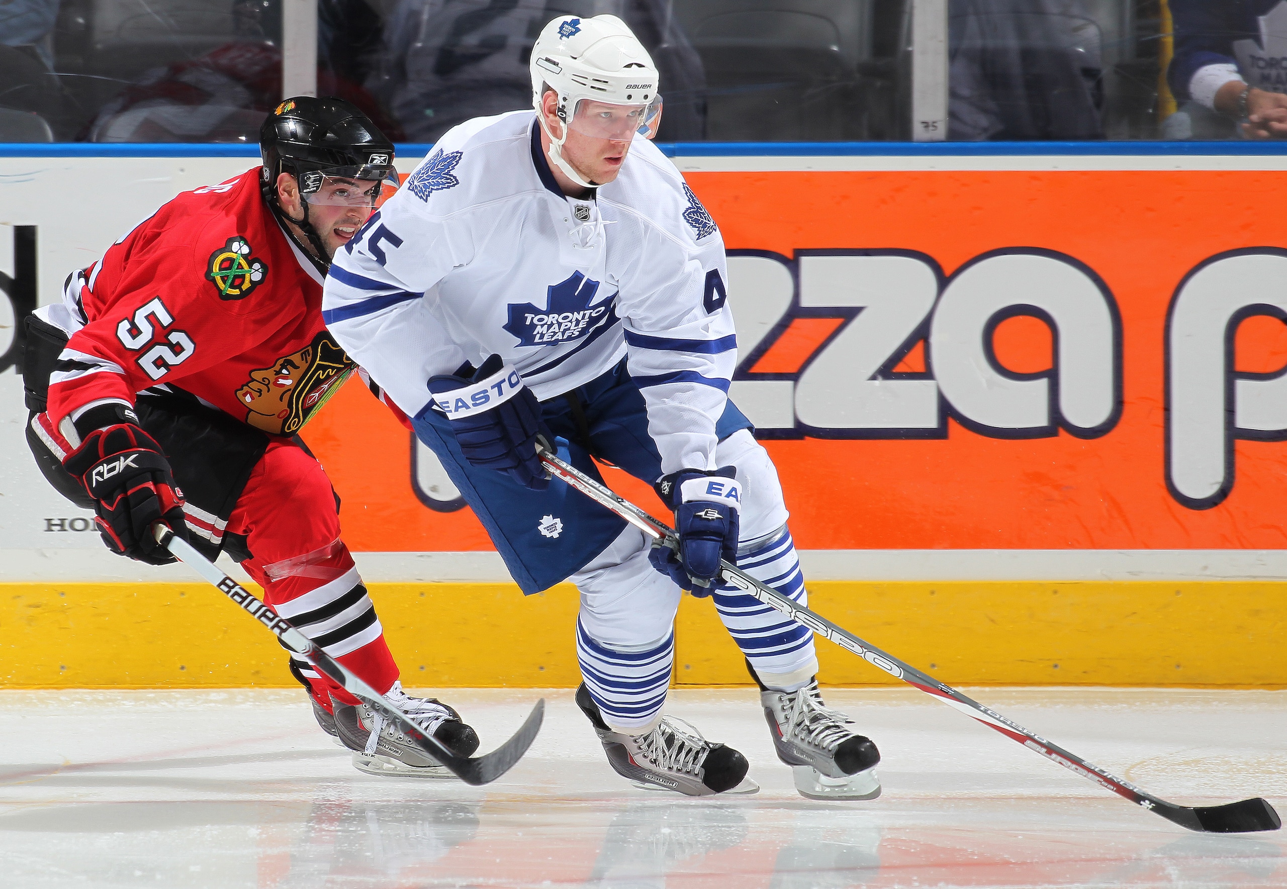 LONDON, CANADA - SEPTEMBER 11:  Marcel Mueller #45 of the Toronto Maple Leafs skates in a game against the Chicago Black Hawks during the NHL Rookie Tournament on September 11,2010 at the John Labatt Centre in London,Ontario. The Leafs defeated the Hawks