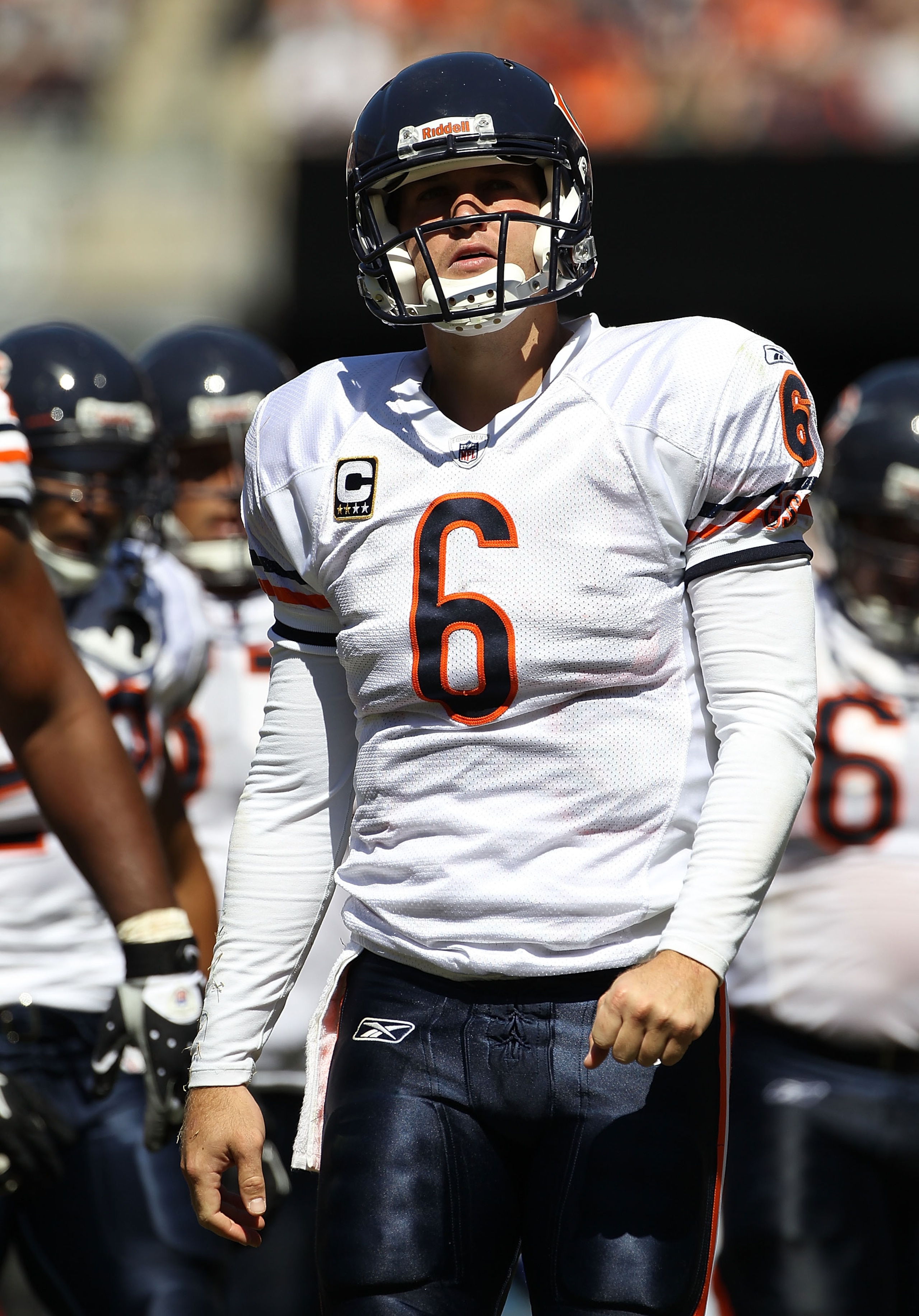 CHICAGO - SEPTEMBER 12: Jay Cutler #6 of the Chicago Bears looks up at the replay board during a time out against the Detroit Lions during the NFL season opening game at Soldier Field on September 12, 2010 in Chicago, Illinois. The Bears defeated the Lion