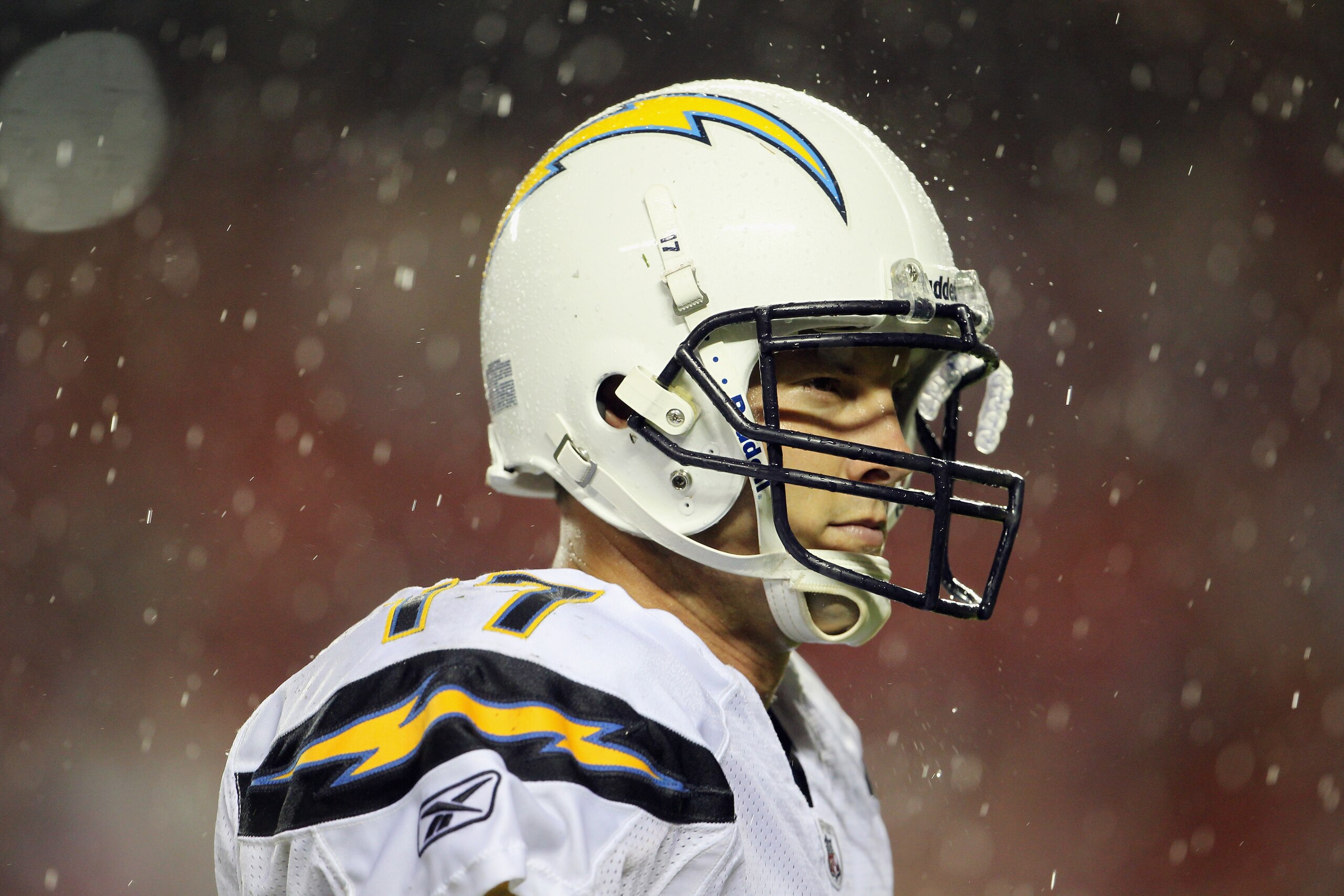 KANSAS CITY, MO - SEPTEMBER 13:  Quarterback Philip Rivers #17 of the San Diego Chargers walks off the field at halftime in the rain during the game against the Kansas City Chiefs on September 13, 2010 at Arrowhead Stadium in Kansas City, Missouri.  (Phot