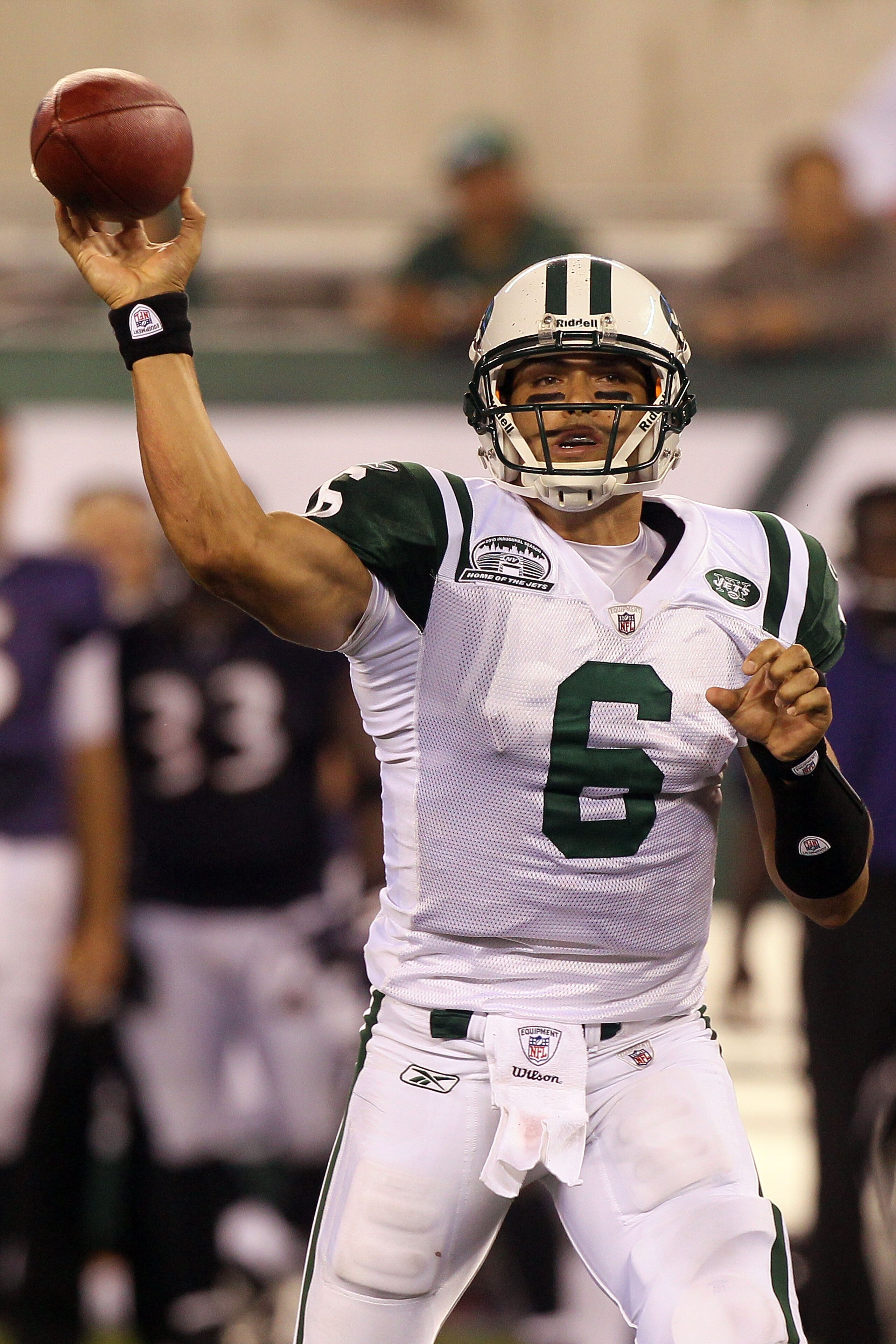 EAST RUTHERFORD, NJ - SEPTEMBER 13: Mark Sanchez #6 of the New York Jets throws a pass against the Baltimore Ravens during their home opener at the New Meadowlands Stadium on September 13, 2010 in East Rutherford, New Jersey. (Photo by Jim McIsaac/Getty EAST RUTHERFORD, NJ - SEPTEMBER 13: Mark Sanchez #6 of the New York Jets throws a pass against the Baltimore Ravens during their home opener at the New Meadowlands Stadium on September 13, 2010 in East Rutherford, New Jersey. (Photo by Jim McIsaac/Getty