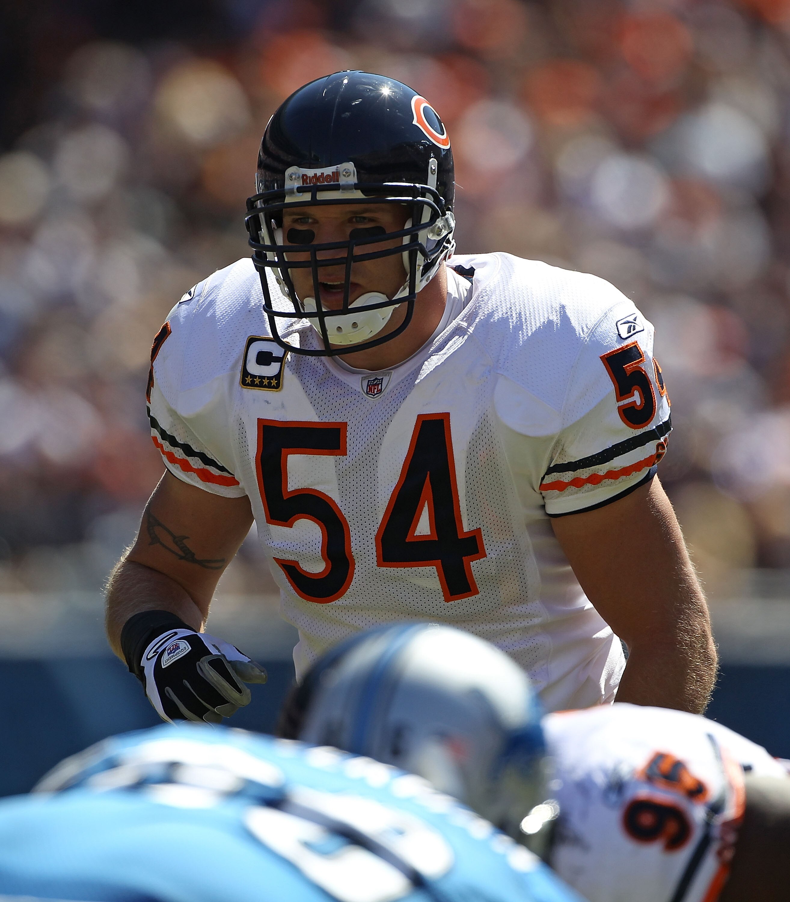 CHICAGO - SEPTEMBER 12: Brian Urlacher #54 of the Chicago Bears awaits the start of play against the Detroit Lions during the NFL season opening game at Soldier Field on September 12, 2010 in Chicago, Illinois. The Bears defeated the Lions 19-14. (Photo b