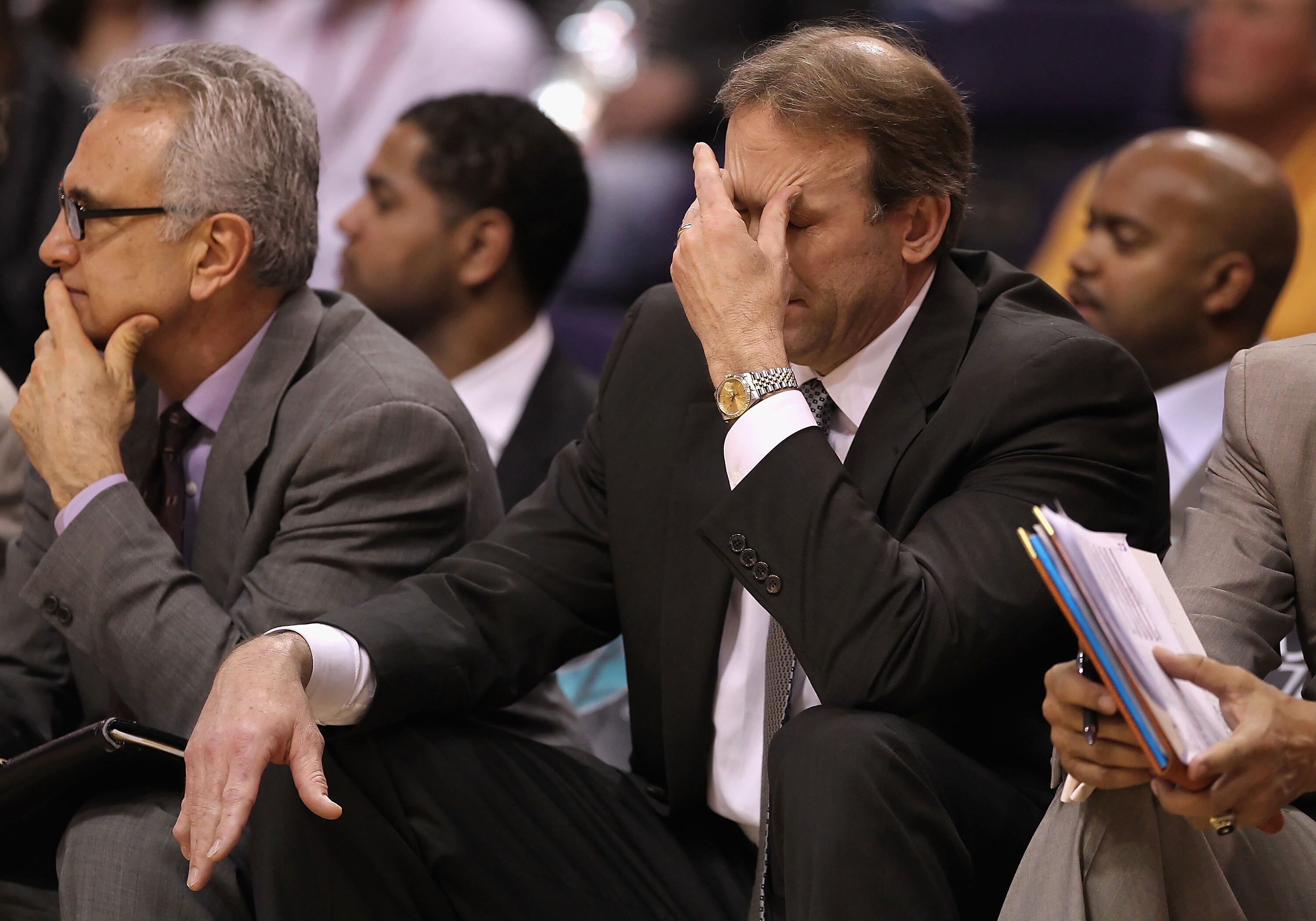 PHOENIX - MARCH 16:  Head coach Kurt Rambis of the Minnesota Timberwolves reacts during the NBA game against the Phoenix Suns at US Airways Center on March 16, 2010 in Phoenix, Arizona. The Suns defeated the Timberwolves 152-114.  NOTE TO USER: User expre