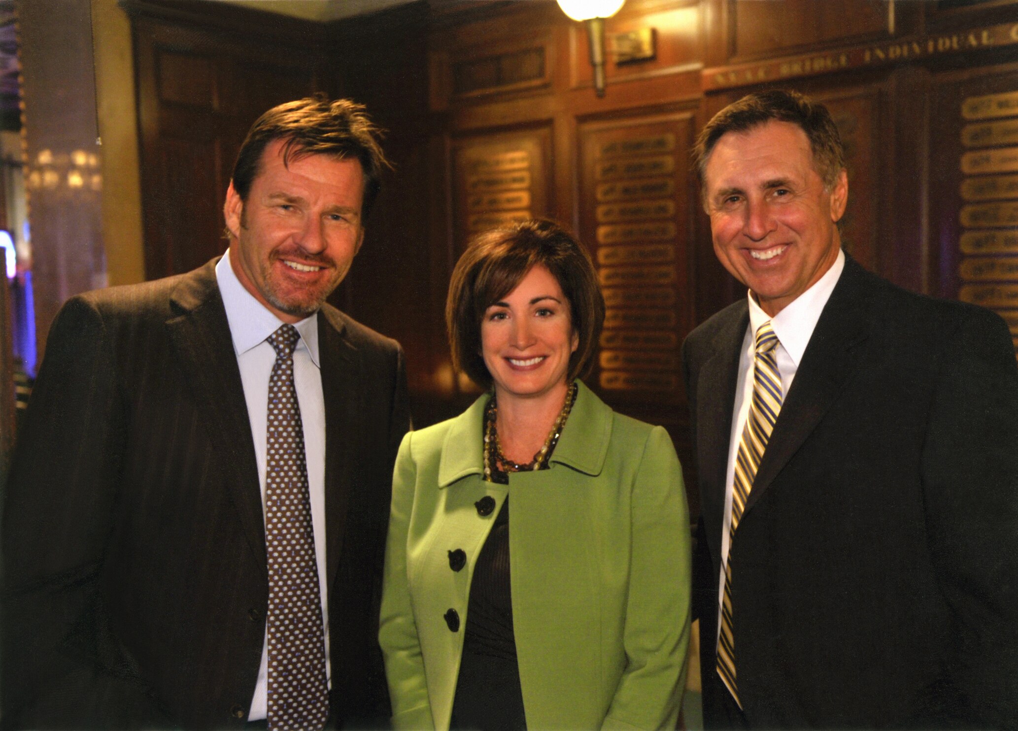 NEW YORK, NY - OCTOBER 2: In this handout image provided by CBS, CBS Golf Analyst Nick Faldo, Sr. Vice President of Communications at CBS Leslie Anne Wade, and College Football Analyst Gary Danielson on October 2, 2009 in New York City. (Photo by John Fil