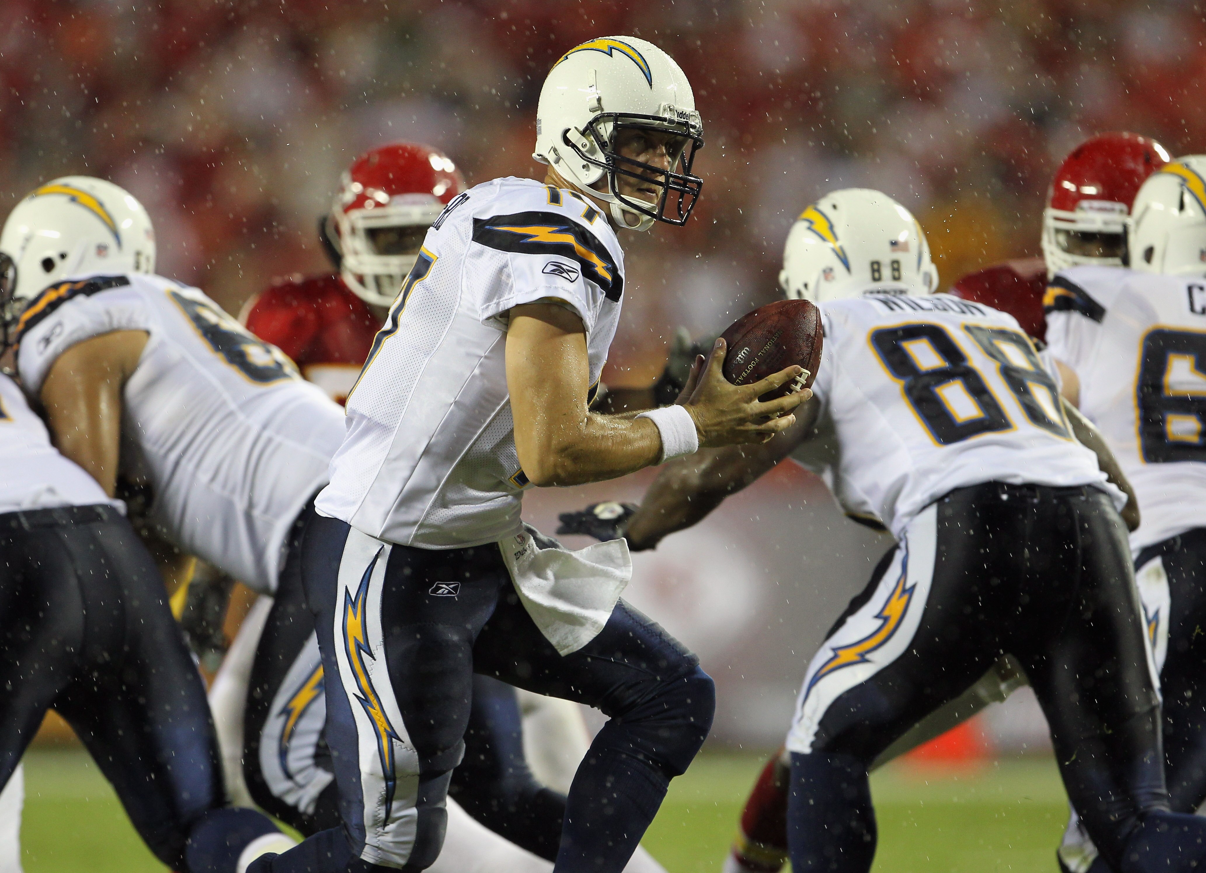 KANSAS CITY, MO - SEPTEMBER 13:  Quarterback Philip Rivers #17 of the San Diego Chargers in action during the game against the Kansas City Chiefs on September 13, 2010 at Arrowhead Stadium in Kansas City, Missouri.  (Photo by Jamie Squire/Getty Images)