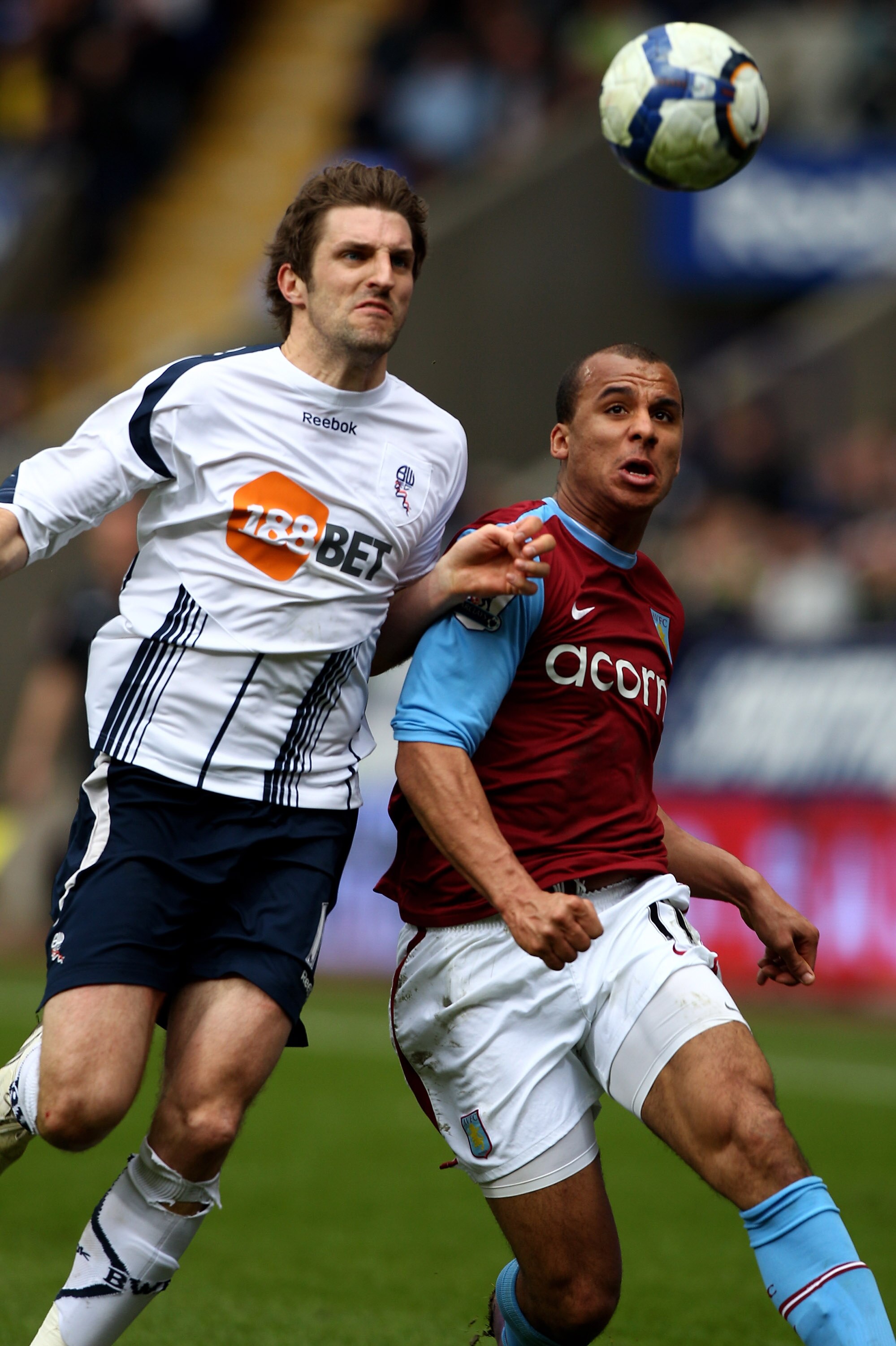 BOLTON, ENGLAND - APRIL 03:  Gabriel Agbonlahor (R) of Villa is challenged by Sam Ricketts (L) during the Bolton Wanderers and Aston Villa Barclays Premier League match at The Reebok Stadium on April 3, 2010 in Bolton, England.  (Photo by Michael Steele/G