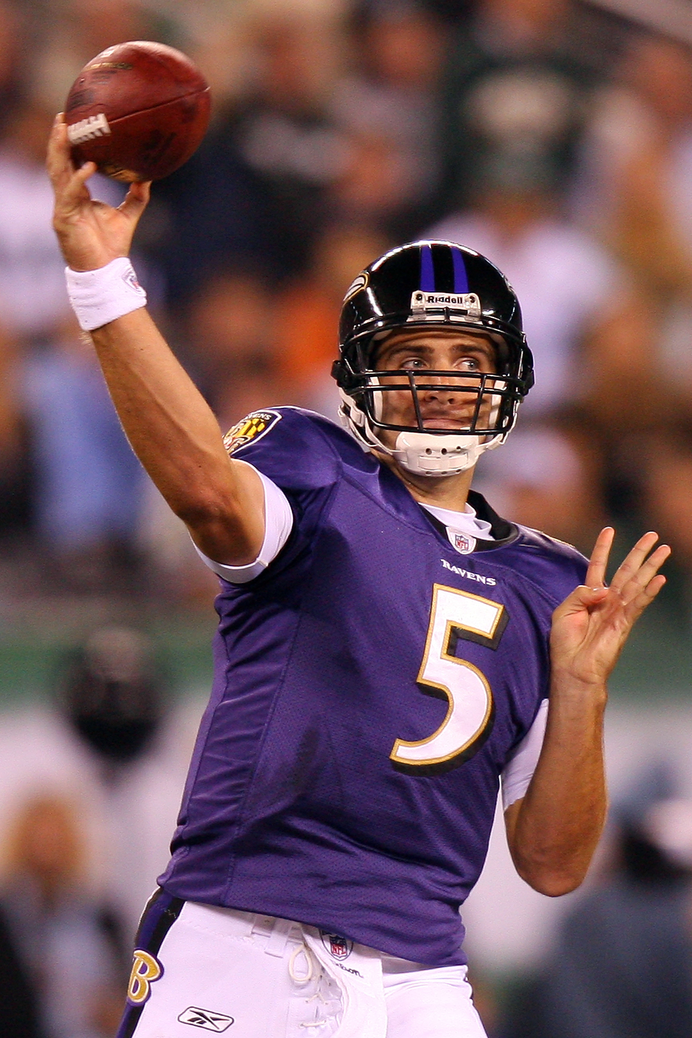 EAST RUTHERFORD, NJ - SEPTEMBER 13: Joe Flacco #5 of the Baltimore Ravens throws a pass against the New York Jets during the home opener at the New Meadowlands Stadium on September 13, 2010 in East Rutherford, New Jersey. (Photo by Andrew Burton/Getty I EAST RUTHERFORD, NJ - SEPTEMBER 13: Joe Flacco #5 of the Baltimore Ravens throws a pass against the New York Jets during the home opener at the New Meadowlands Stadium on September 13, 2010 in East Rutherford, New Jersey. (Photo by Andrew Burton/Getty I