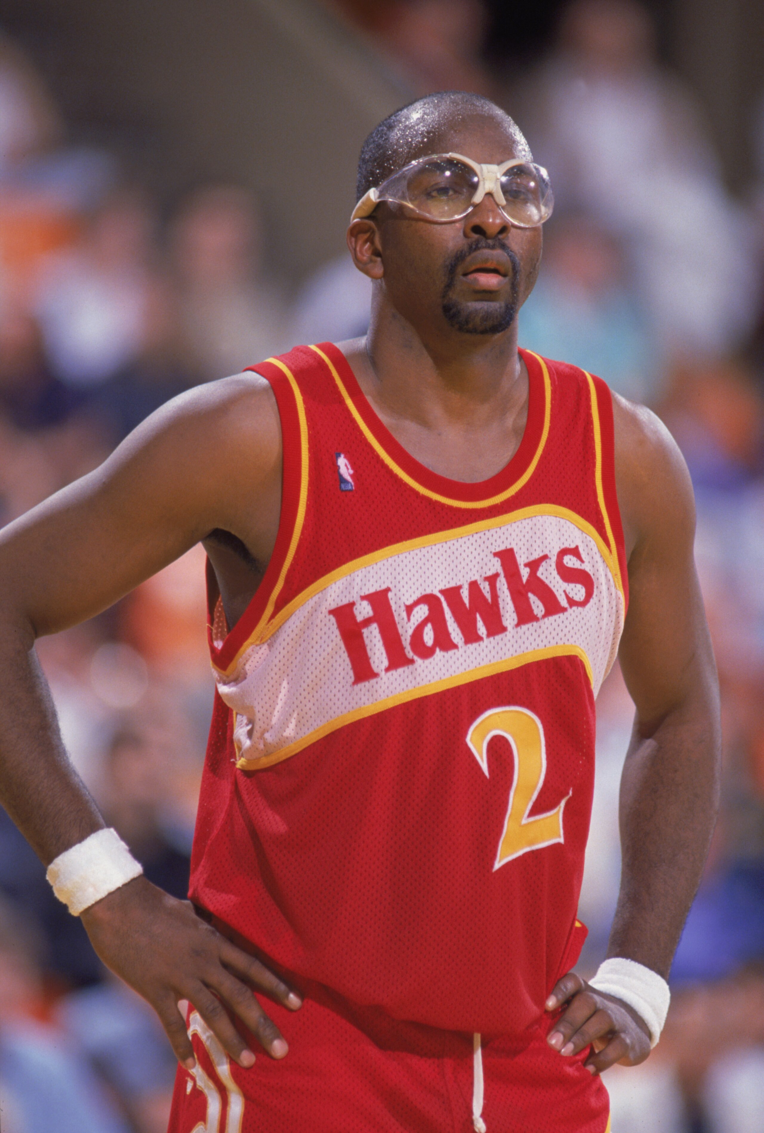 INGLEWOOD, CA - 1988: Moses Malone #2 of the Atlanta Hawks stands on the court during a NBA game against the Los Angeles Lakers at the Great Western Forum in Inglewood, California in 1988. (Photo by Mike Powell/Getty Images) INGLEWOOD, CA - 1988: Moses Malone #2 of the Atlanta Hawks stands on the court during a NBA game against the Los Angeles Lakers at the Great Western Forum in Inglewood, California in 1988. (Photo by Mike Powell/Getty Images)