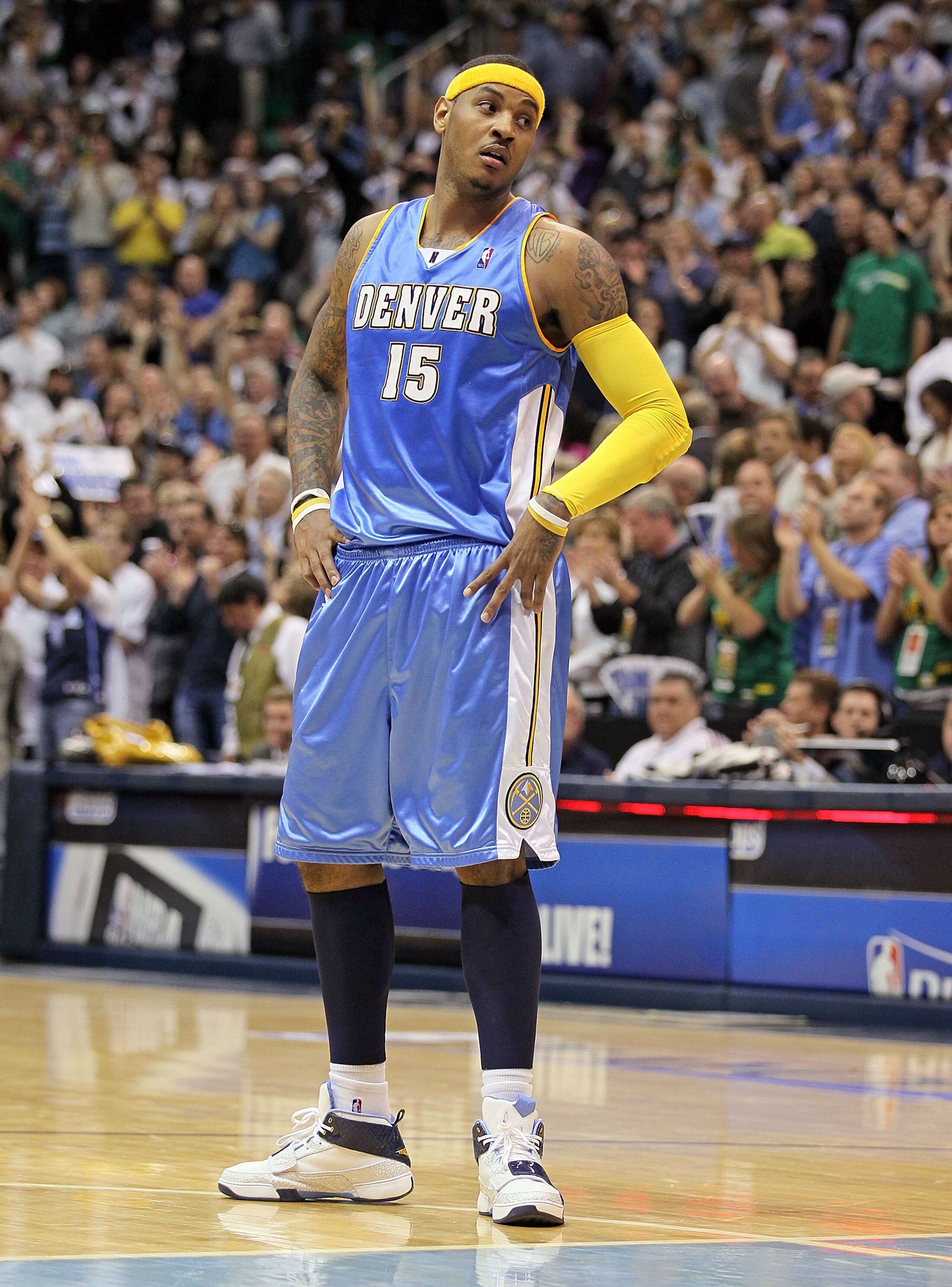 SALT LAKE CITY - APRIL 25: Carmelo Anthony #15 of the Denver Nuggets is pictured following the game against the Utah Jazz during Game Four of the Western Conference Quarterfinals of the 2010 NBA Playoffs at EnergySolutions Arena on April 25, 2010 in Salt SALT LAKE CITY - APRIL 25: Carmelo Anthony #15 of the Denver Nuggets is pictured following the game against the Utah Jazz during Game Four of the Western Conference Quarterfinals of the 2010 NBA Playoffs at EnergySolutions Arena on April 25, 2010 in Salt