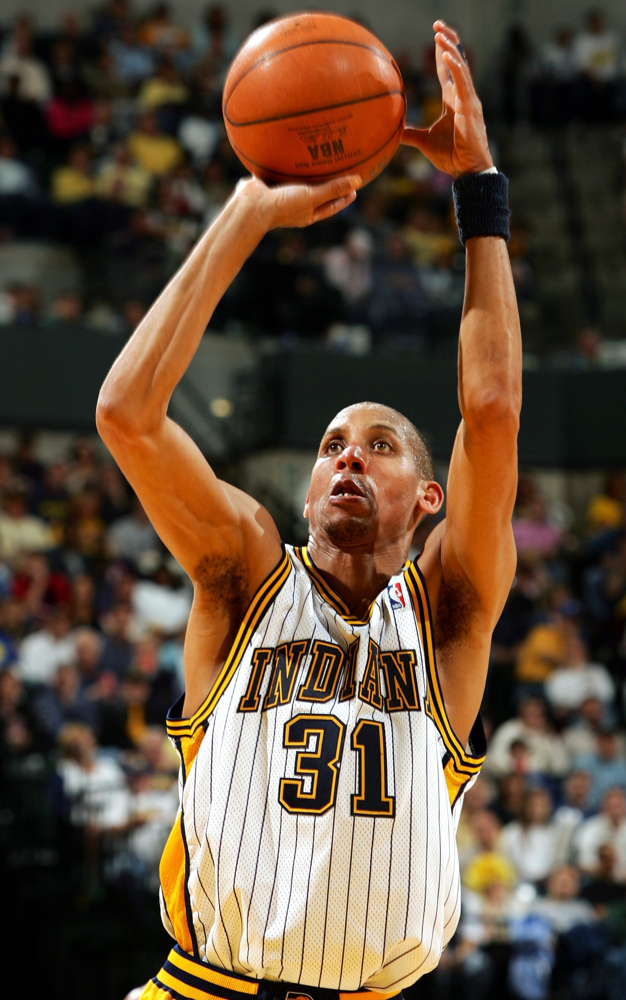 INDIANAPOLIS - MAY 15: Reggie Miller #31 of the Indiana Pacers takes a free throw shot in the second half against the Detroit Pistons in Game four of the Eastern Conference Semifinals during the 2005 NBA Playoffs on May 15, 2005 at Conseco Fieldhouse in INDIANAPOLIS - MAY 15: Reggie Miller #31 of the Indiana Pacers takes a free throw shot in the second half against the Detroit Pistons in Game four of the Eastern Conference Semifinals during the 2005 NBA Playoffs on May 15, 2005 at Conseco Fieldhouse in