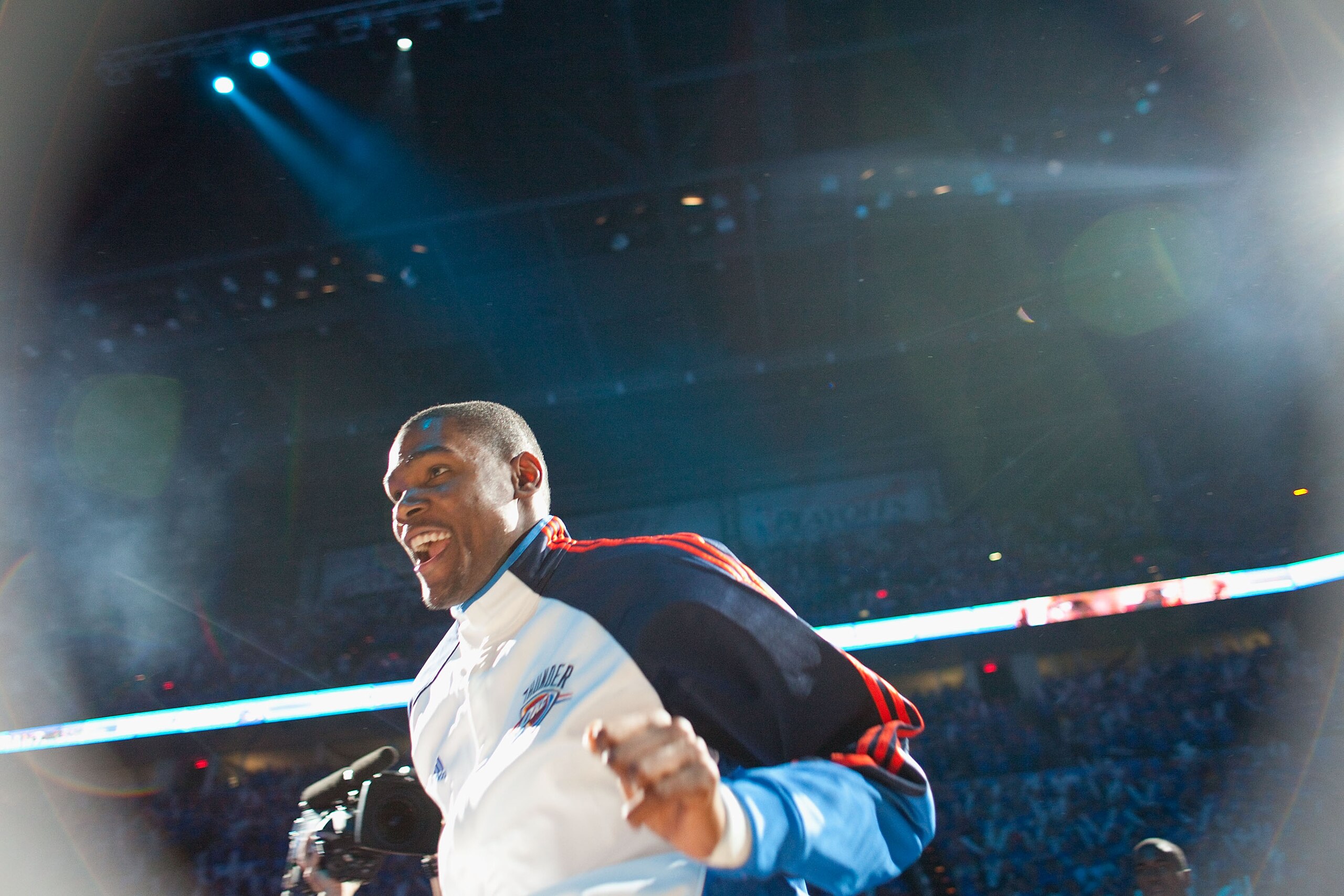 OKLAHOMA CITY - APRIL 30: Kevin Durant #35 of the Oklahoma City Thunder is introduced prior to playing against the Los Angeles Lakers during Game Six of the Western Conference Quarterfinals of the 2010 NBA Playoffs on April 30, 2010 at the Ford Center in OKLAHOMA CITY - APRIL 30: Kevin Durant #35 of the Oklahoma City Thunder is introduced prior to playing against the Los Angeles Lakers during Game Six of the Western Conference Quarterfinals of the 2010 NBA Playoffs on April 30, 2010 at the Ford Center in