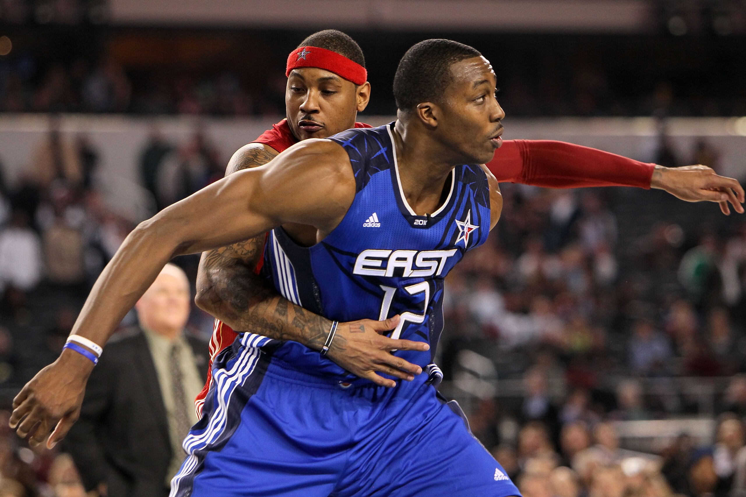 ARLINGTON, TX - FEBRUARY 14:  Dwight Howard #12 of the Eastern Confernce plays defense against Carmelo Anthony #15 of the Western Conference during the NBA All-Star Game, part of 2010 NBA All-Star Weekend at Cowboys Stadium on February 14, 2010 in Arlingt