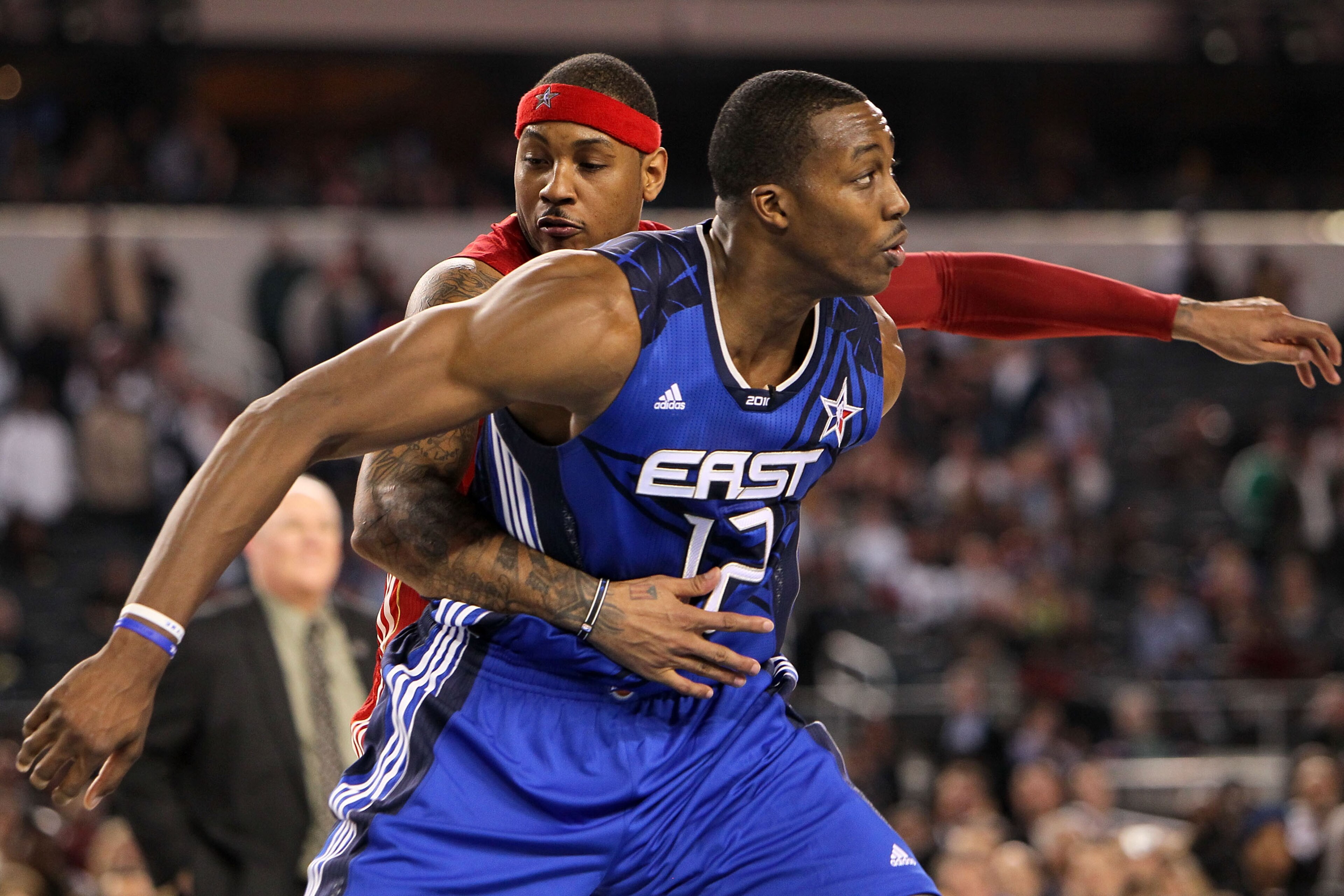 ARLINGTON, TX - FEBRUARY 14:  Dwight Howard #12 of the Eastern Confernce plays defense against Carmelo Anthony #15 of the Western Conference during the NBA All-Star Game, part of 2010 NBA All-Star Weekend at Cowboys Stadium on February 14, 2010 in Arlingt