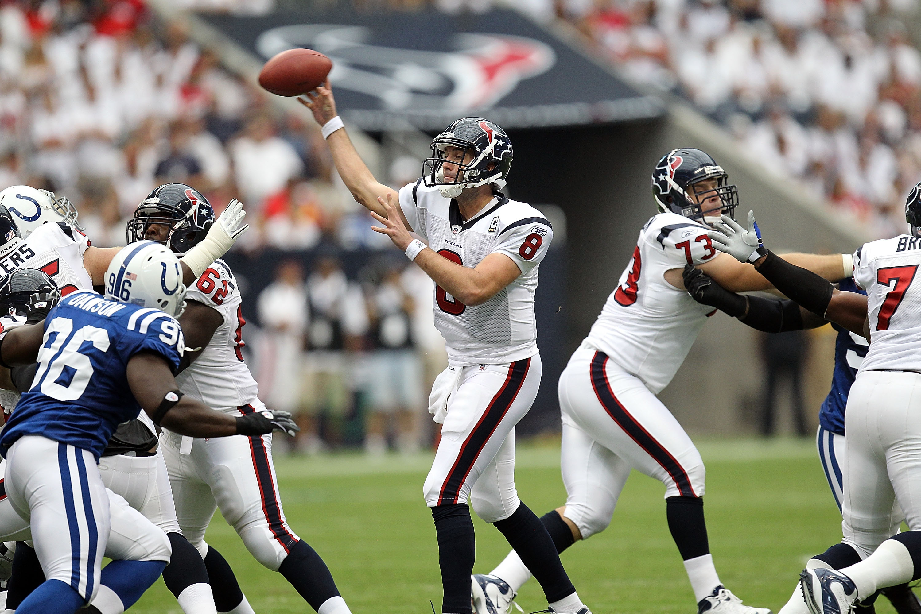 HOUSTON - SEPTEMBER 12: Quarterback Matt Schaub #8 at Reliant Stadium on September 12, 2010 in Houston, Texas. (Photo by Ronald Martinez/Getty Images) HOUSTON - SEPTEMBER 12: Quarterback Matt Schaub #8 at Reliant Stadium on September 12, 2010 in Houston, Texas. (Photo by Ronald Martinez/Getty Images)