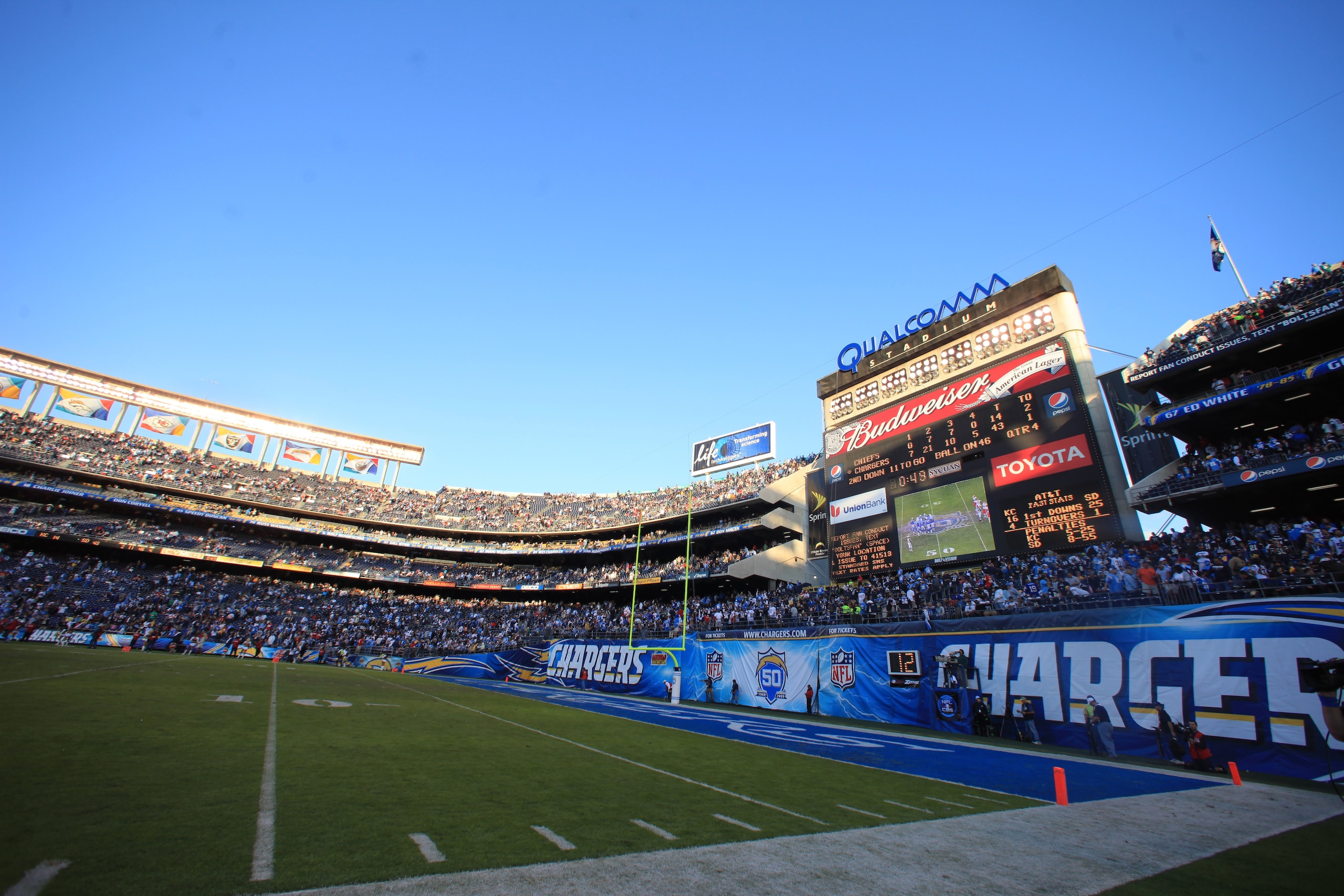 SAN DIEGO - NOVEMBER 29:  A general view of the field and scoreboard after the NFL game between the Kansas City Chiefs and the San Diego Chargers on November 29, 2009 at Qualcomm Stadium in San Diego, California. The Chargers defeated the Chiefs 43-14. (P