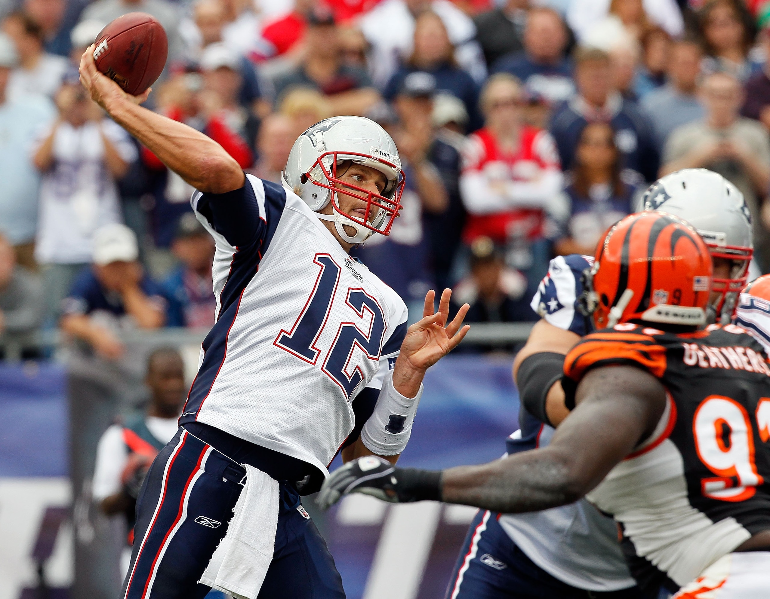 FOXBORO, MA - SEPTEMBER 12: Quarterback Tom Brady #12 of the New England Patriots throws a pass during a the NFL season opener against the Cincinnati Bengals at Gillette Stadium on September 12, 2010 in Foxboro, Massachusetts. (Photo by Jim Rogash/Getty FOXBORO, MA - SEPTEMBER 12: Quarterback Tom Brady #12 of the New England Patriots throws a pass during a the NFL season opener against the Cincinnati Bengals at Gillette Stadium on September 12, 2010 in Foxboro, Massachusetts. (Photo by Jim Rogash/Getty