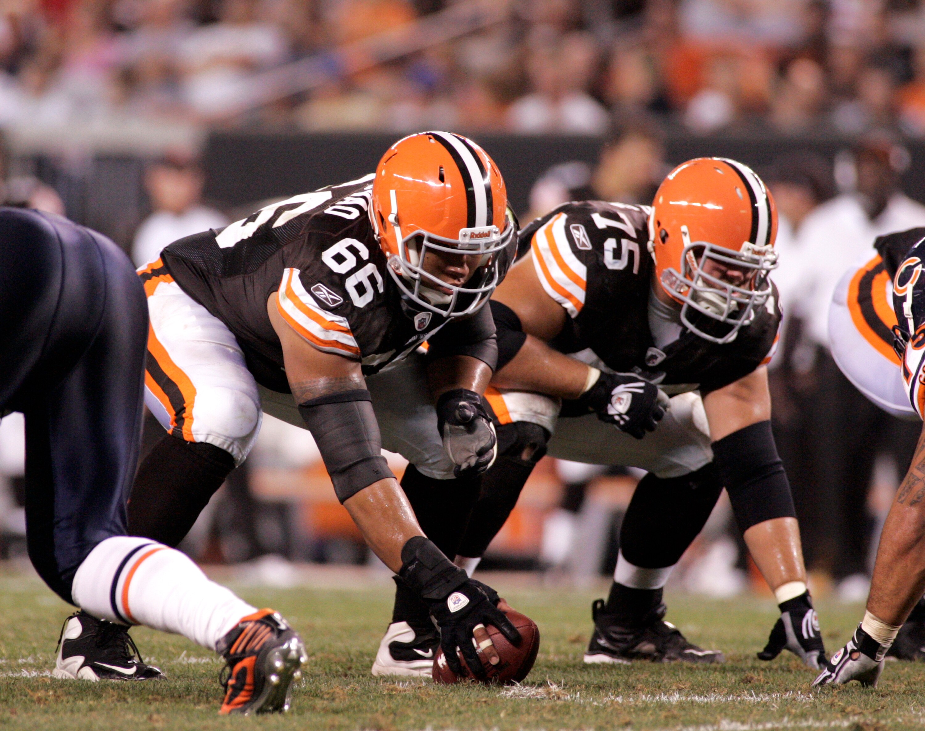 CLEVELAND - SEPTEMBER 2: Shawn Lauvao #66 and Pat Murray #75 of the Cleveland Browns line up before the snap against the Chicago Bears during the preseason game on September 2, 2010 at Cleveland Browns Stadium in Cleveland, Ohio. The Browns defeated the B