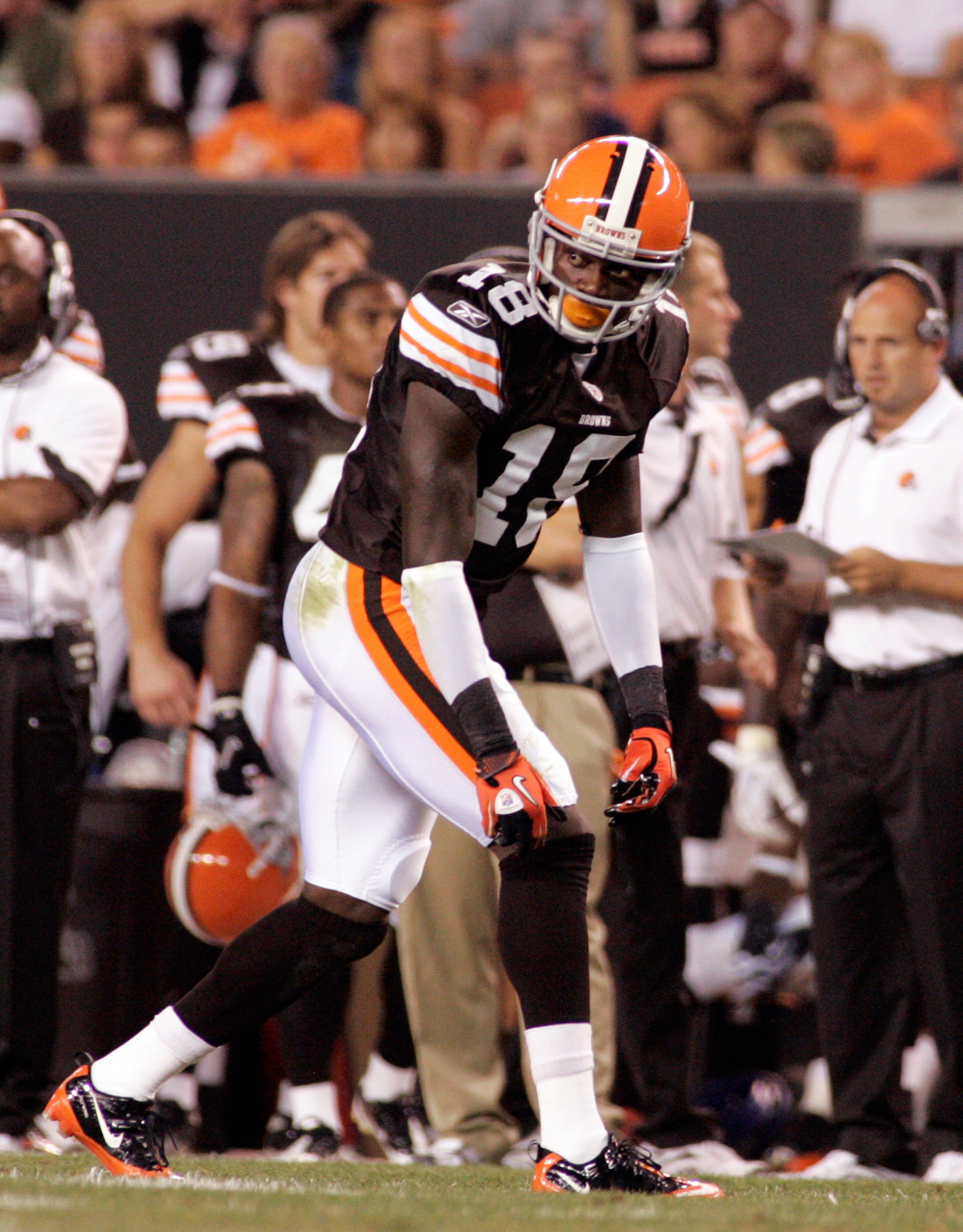 CLEVELAND - SEPTEMBER 2: Carlton Mitchell #18 of the Cleveland Browns waits for the snap against the Chicago Bears during the preseason game on September 2, 2010 at Cleveland Browns Stadium in Cleveland, Ohio. The Browns defeated the Bears 13-10. (Photo b CLEVELAND - SEPTEMBER 2: Carlton Mitchell #18 of the Cleveland Browns waits for the snap against the Chicago Bears during the preseason game on September 2, 2010 at Cleveland Browns Stadium in Cleveland, Ohio. The Browns defeated the Bears 13-10. (Photo b