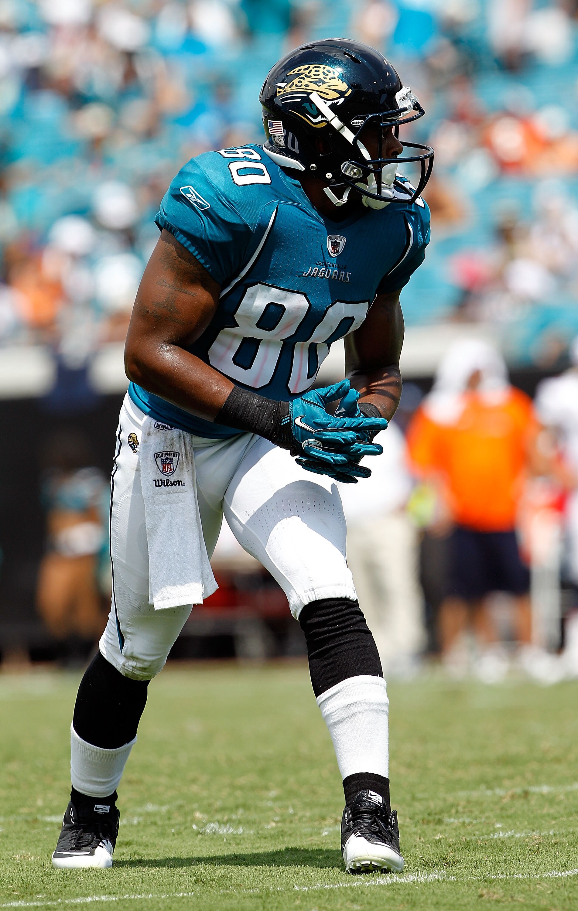 JACKSONVILLE, FL - SEPTEMBER 12:  Mike Thomas  #80 of the Jacksonville Jaguars prepares to run a route during the NFL season opener game against the Denver Broncos at EverBank Field on September 12, 2010 in Jacksonville, Florida.  (Photo by Sam Greenwood/