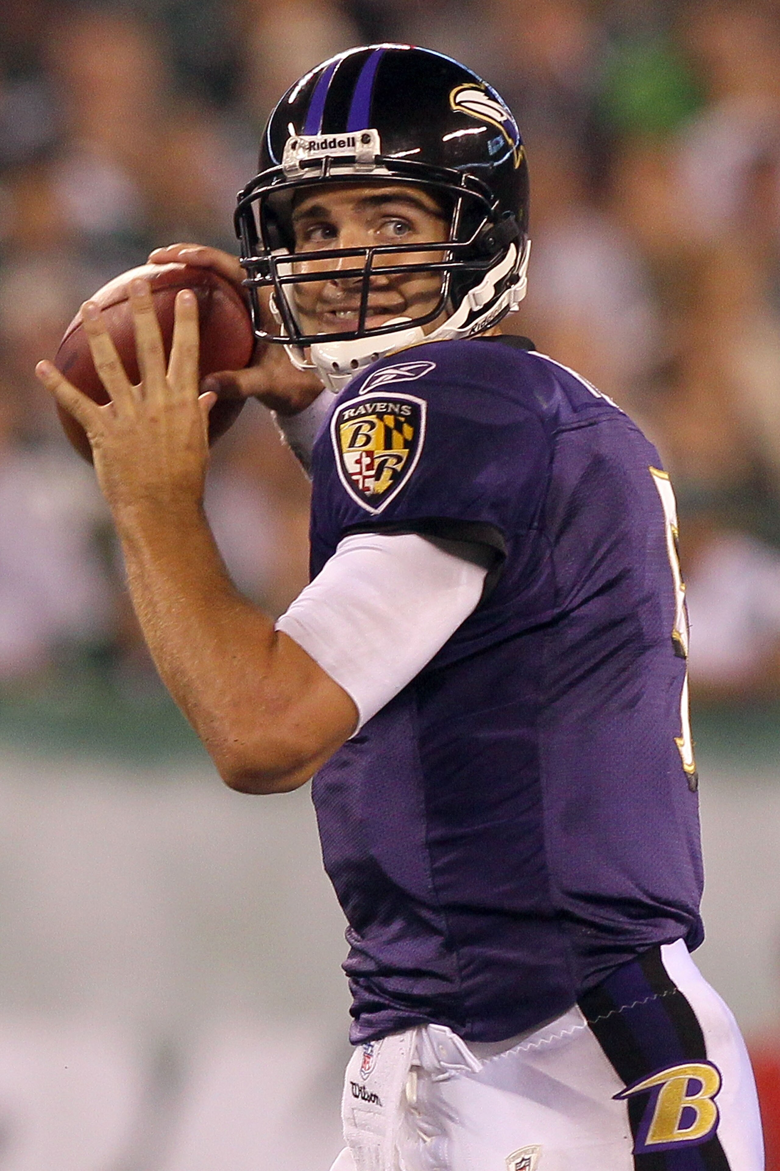EAST RUTHERFORD, NJ - SEPTEMBER 13:  Joe Flacco #5 of the Baltimore Ravens throws a pass against the New York Jets during the home opener at the New Meadowlands Stadium on September 13, 2010 in East Rutherford, New Jersey.  (Photo by Jim McIsaac/Getty Ima