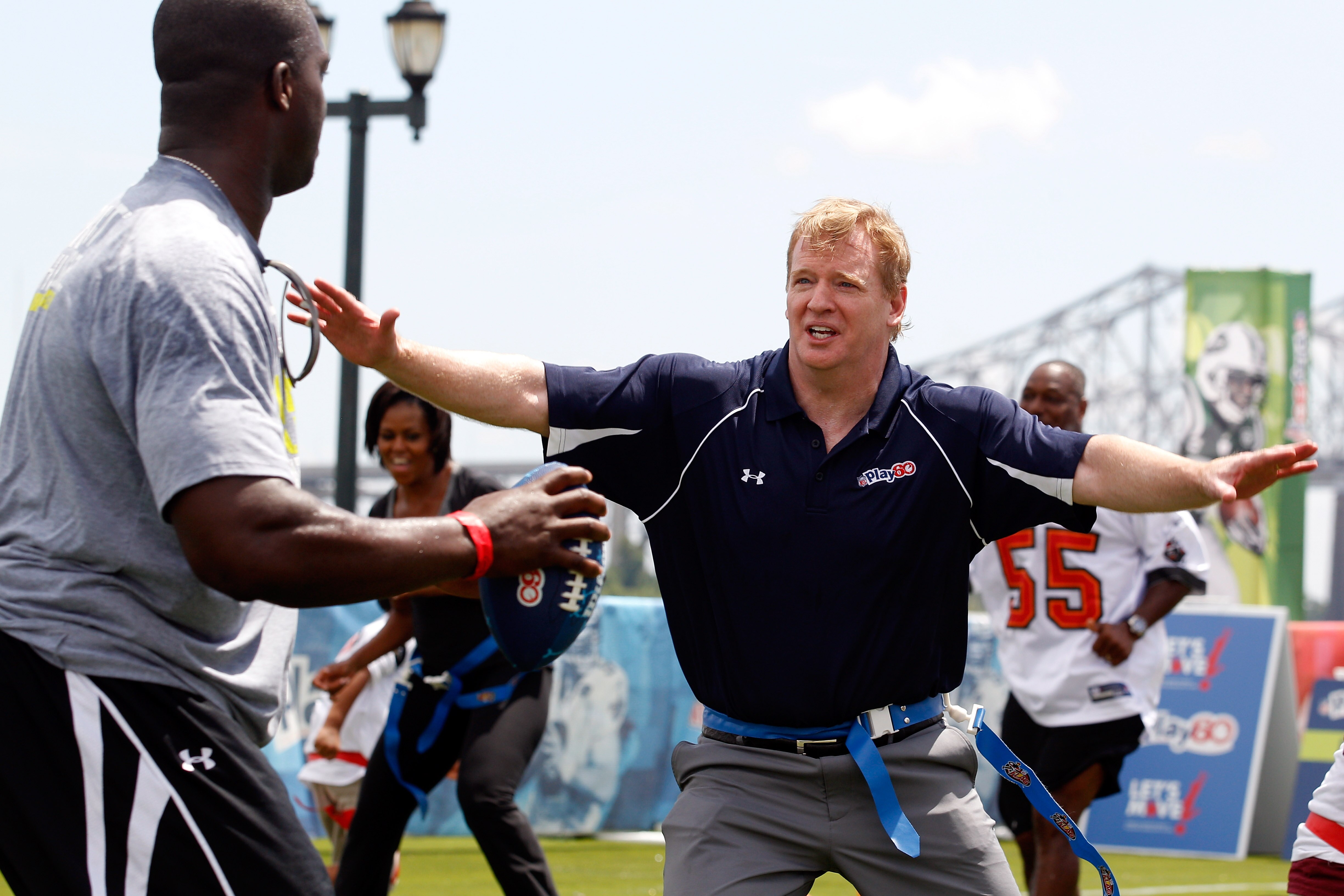 NEW ORLEANS - SEPTEMBER 08:  NFL commissioner Roger Goodell  plays on the field during the NFLï¿½s Play 60 campaign to fight childhood obesity at Brock Elementary School September 8, 2010 in New Orleans, Louisiana. Obama joined NFL Commissioner Roger Goodel