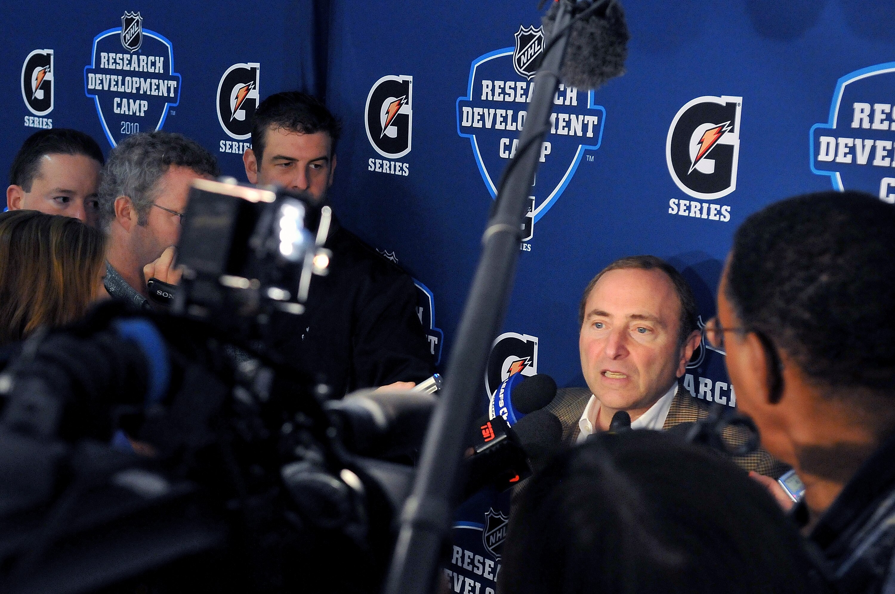 TORONTO, ON - AUGUST 18: Gary Bettman, Commissioner of the NHL, speaks to the media prior to the afternoon session of the 2010 NHL Research, Development and Orientation Camp at the Mastercard Center on August 18, 2010 in Toronto, Canada.  (Photo by Matthe