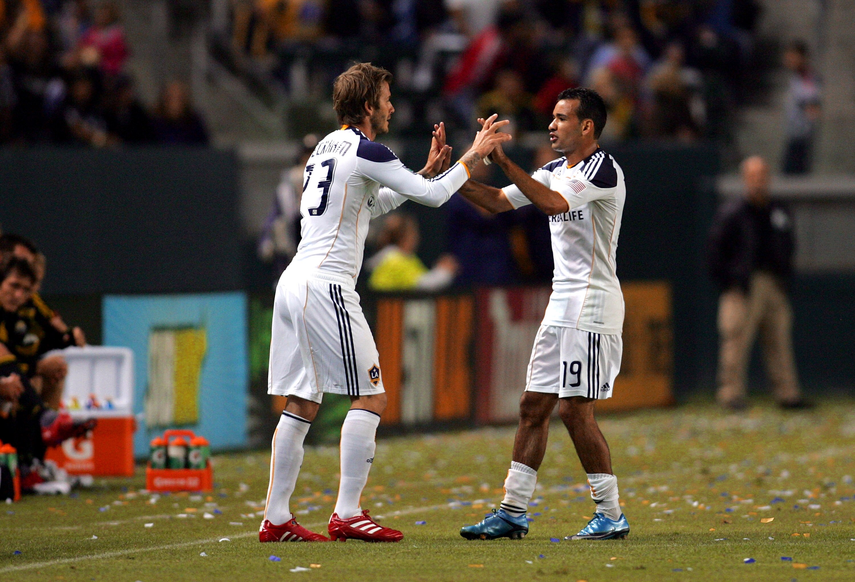 CARSON, CA - SEPTEMBER 11:  David Beckham #23 of the Los Angeles Galaxy substitutes into the game for Juninho #9 in the second half during their MLS match against Columbus Crew at The Home Depot Center on September 11, 2010 in Carson, California. The Gala