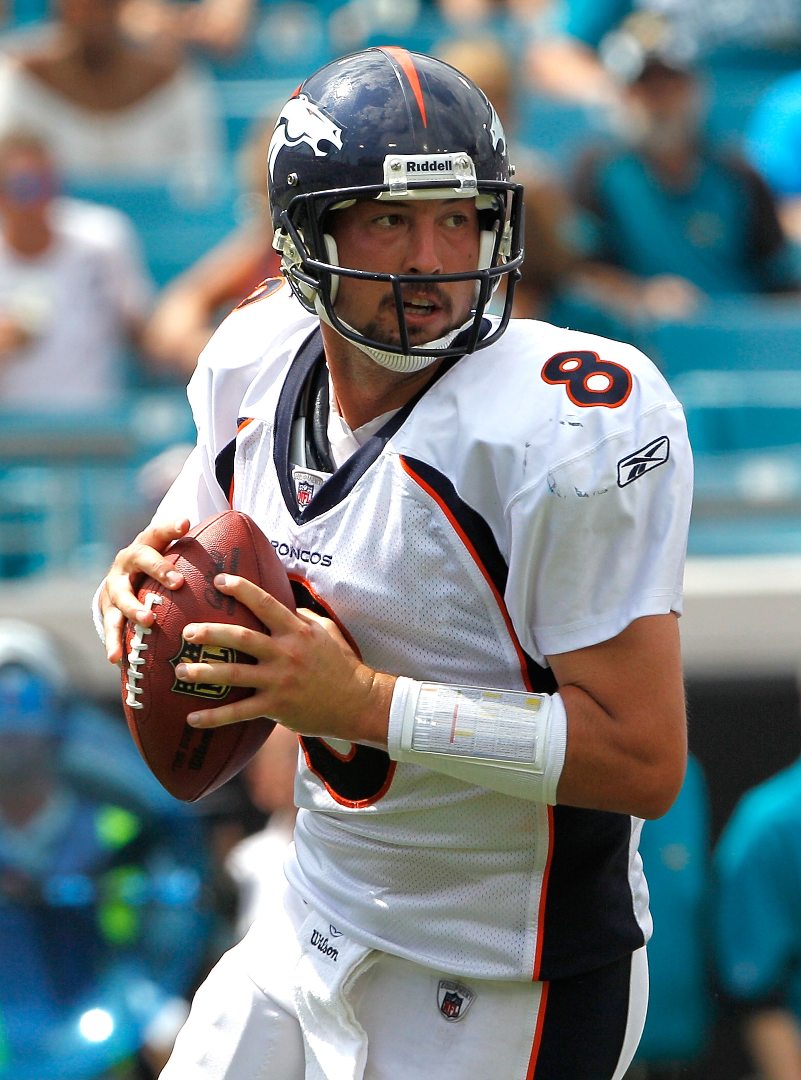JACKSONVILLE, FL - SEPTEMBER 12: Quarterback Kyle Orton #8 of the Denver Broncos attempts a pass during the NFL season opener game against the Jacksonville Jaguars at EverBank Field on September 12, 2010 in Jacksonville, Florida. (Photo by Sam Greenwood JACKSONVILLE, FL - SEPTEMBER 12: Quarterback Kyle Orton #8 of the Denver Broncos attempts a pass during the NFL season opener game against the Jacksonville Jaguars at EverBank Field on September 12, 2010 in Jacksonville, Florida. (Photo by Sam Greenwood
