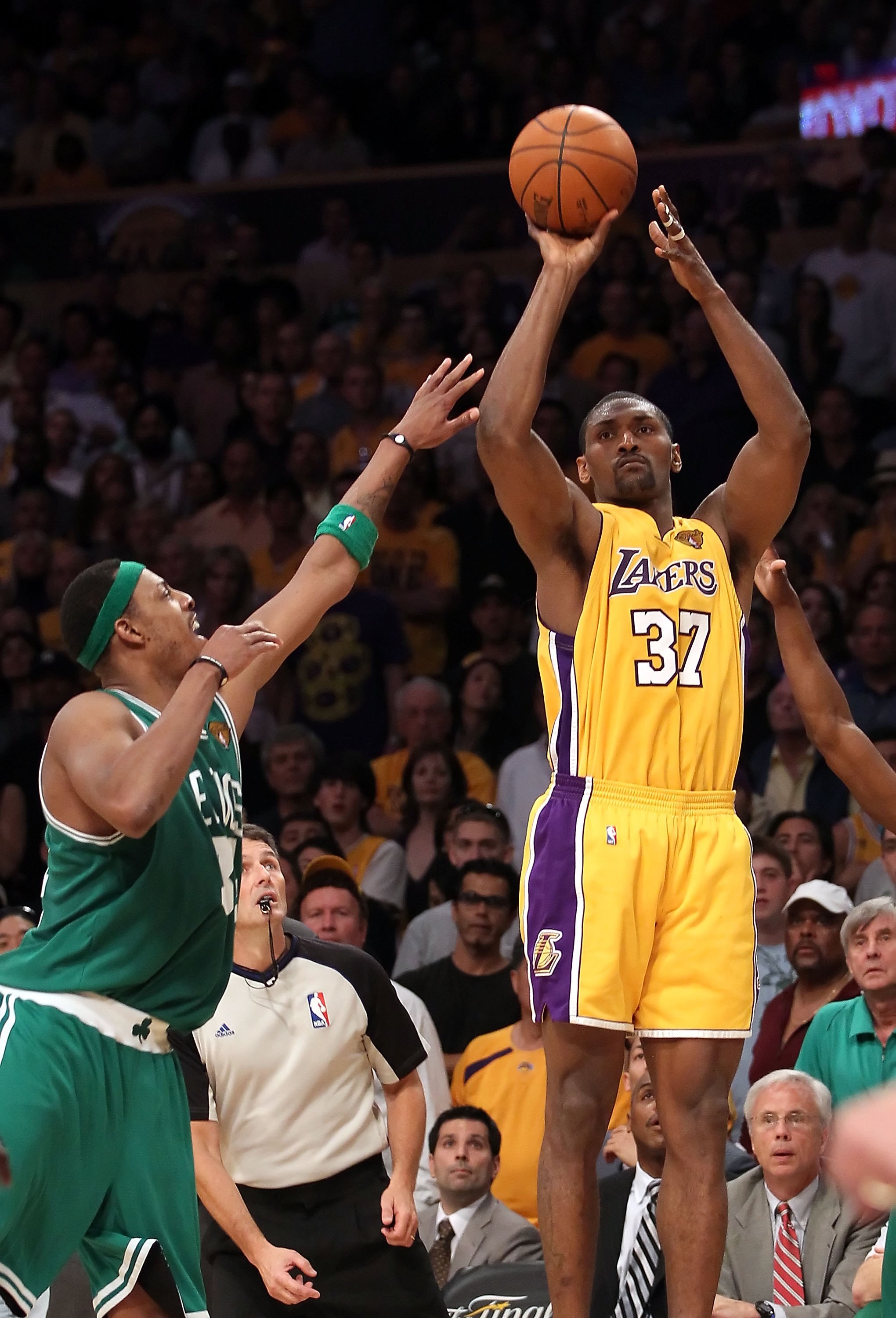 LOS ANGELES, CA - JUNE 17:  Ron Artest #37 of the Los Angeles Lakers puts up a three point shot over Paul Pierce #34 of the Boston Celtics in Game Seven of the 2010 NBA Finals at Staples Center on June 17, 2010 in Los Angeles, California.  The Lakers defe