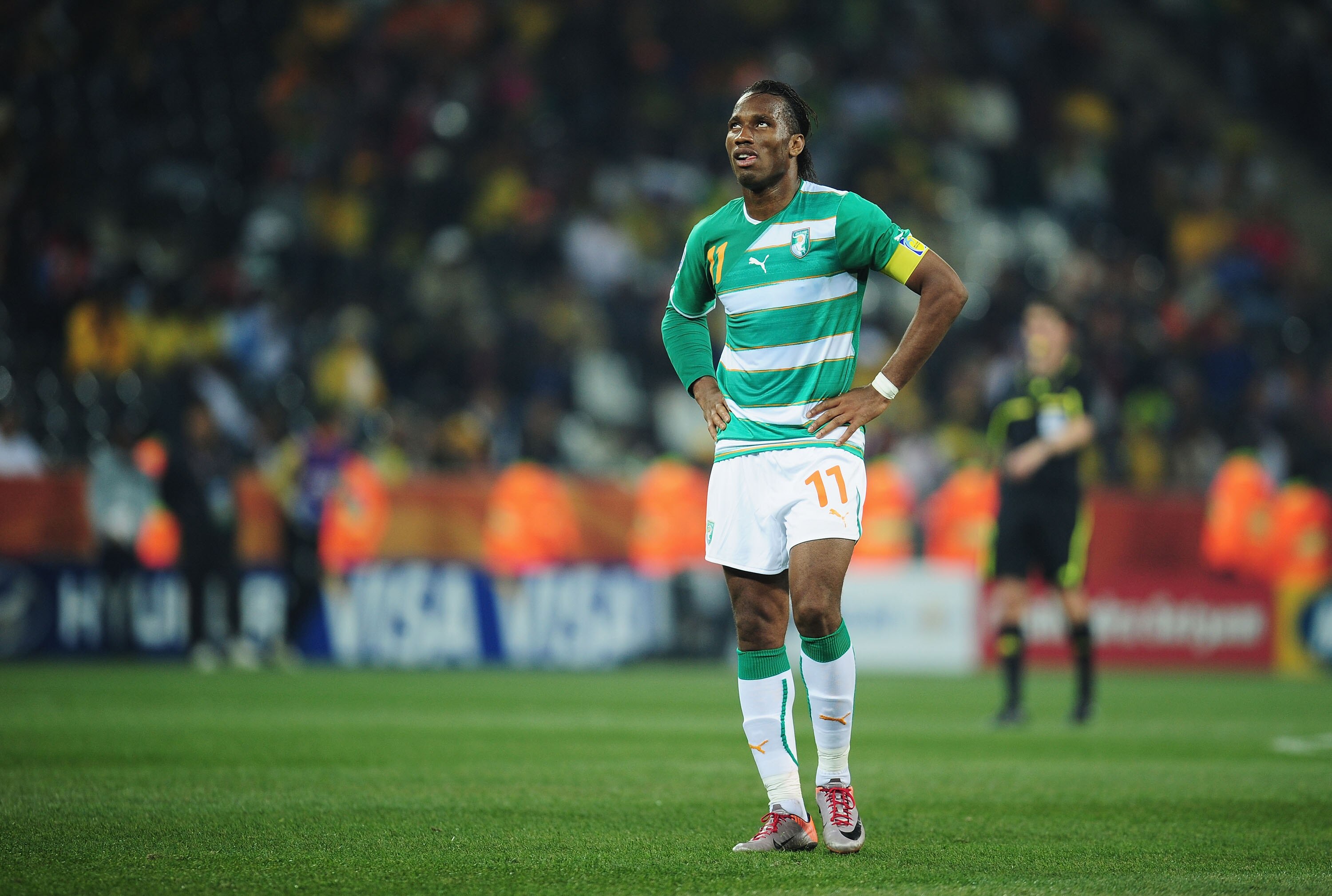 NELSPRUIT, SOUTH AFRICA - JUNE 25:  Didier Drogba of the Ivory Coast reacts during the 2010 FIFA World Cup South Africa Group G match between North Korea and Ivory Coast at the Mbombela Stadium on June 25, 2010 in Nelspruit, South Africa.  (Photo by Clive