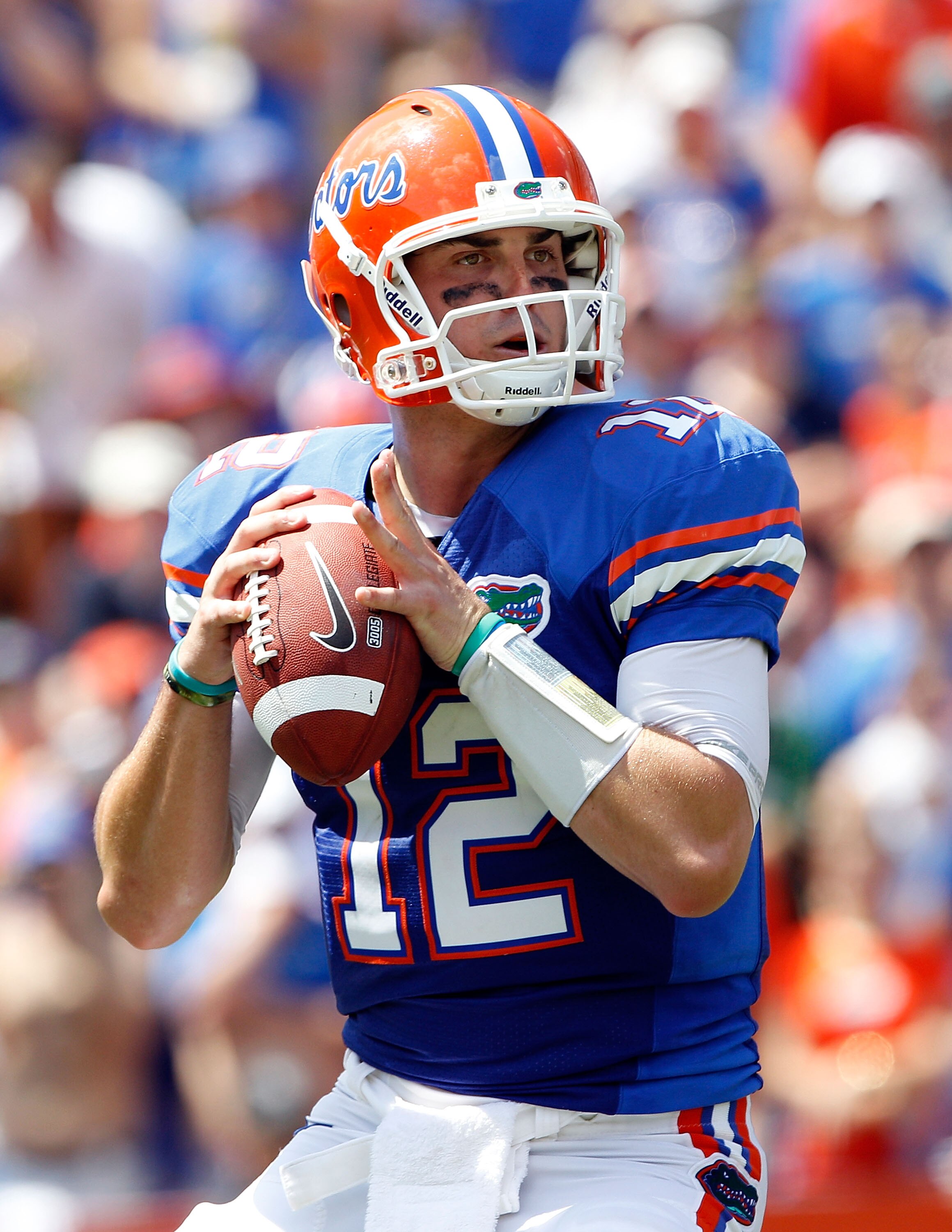 GAINESVILLE, FL - SEPTEMBER 11:  Quarterback John Brantley #12 of the Florida Gators attempts a pass during a game against the South Florida Bulls at Ben Hill Griffin Stadium on September 11, 2010 in Gainesville, Florida.  (Photo by Sam Greenwood/Getty Im