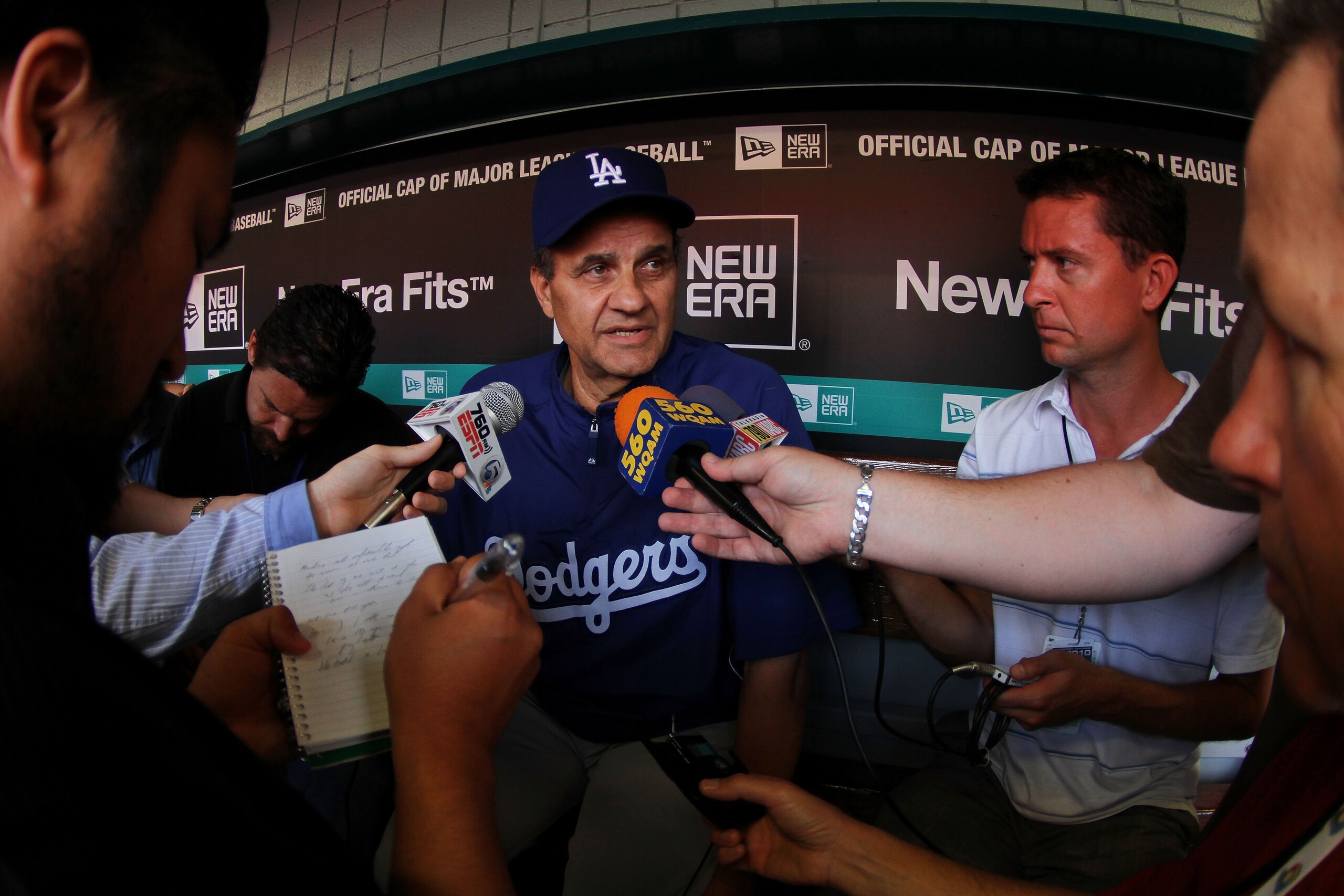 MIAMI - APRIL 09:  Manager Joe Torre of the Los Angeles Dodgers talks with reporters before taking on the Florida Marlins during the Marlins home opening game at Sun Life Stadium on April 9, 2010 in Miami, Florida. The Dodgers defeated the Marlins 7-3.  (