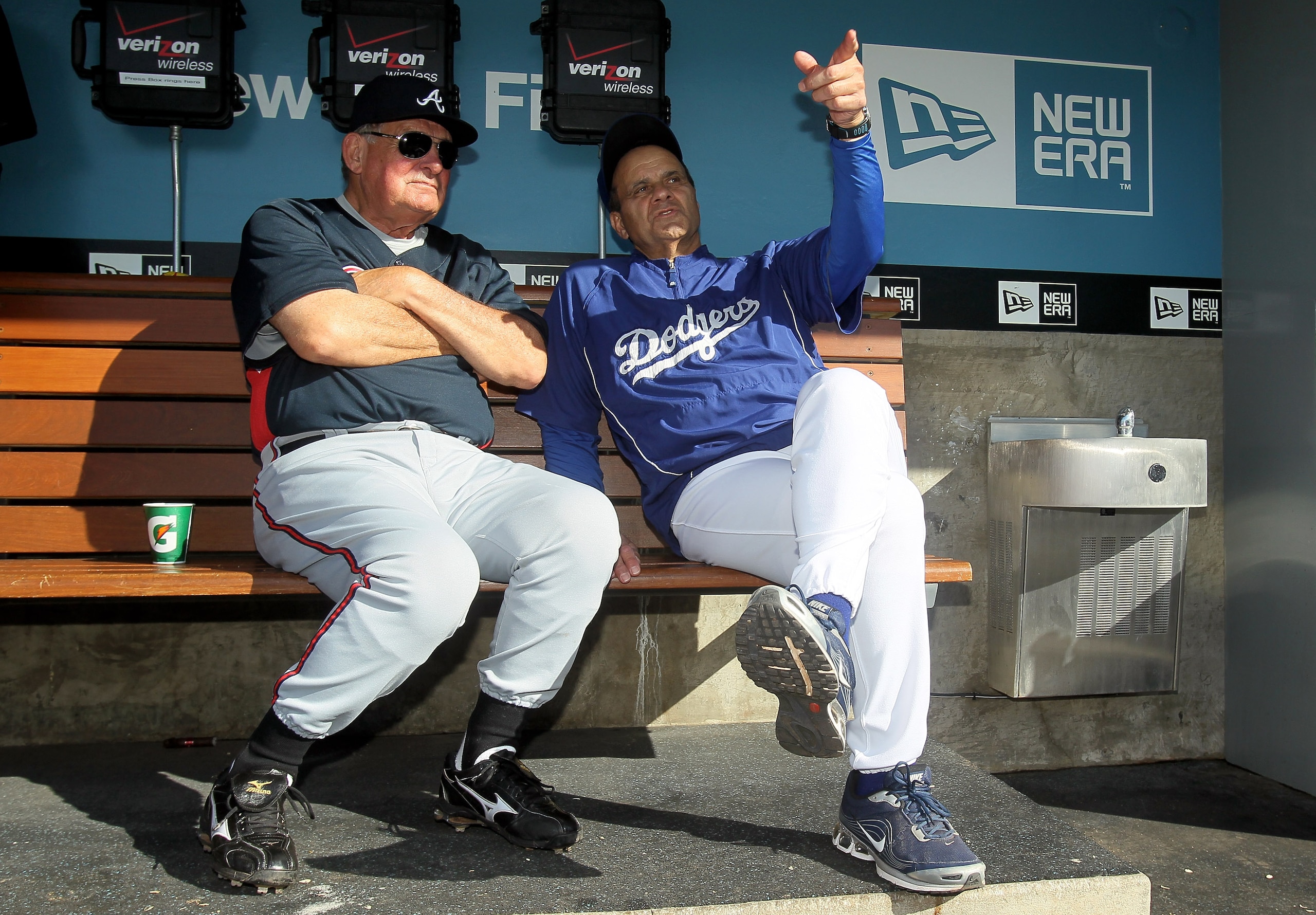 LOS ANGELES, CA - JUNE 04:  Atlanta Braves manager Bobby Cox and Los Angeles Dodgers manager Joe Torre talk prior to the start of the game at Dodger Stadium on June 4, 2010 in Los Angeles, California.  (Photo by Jeff Gross/Getty Images)