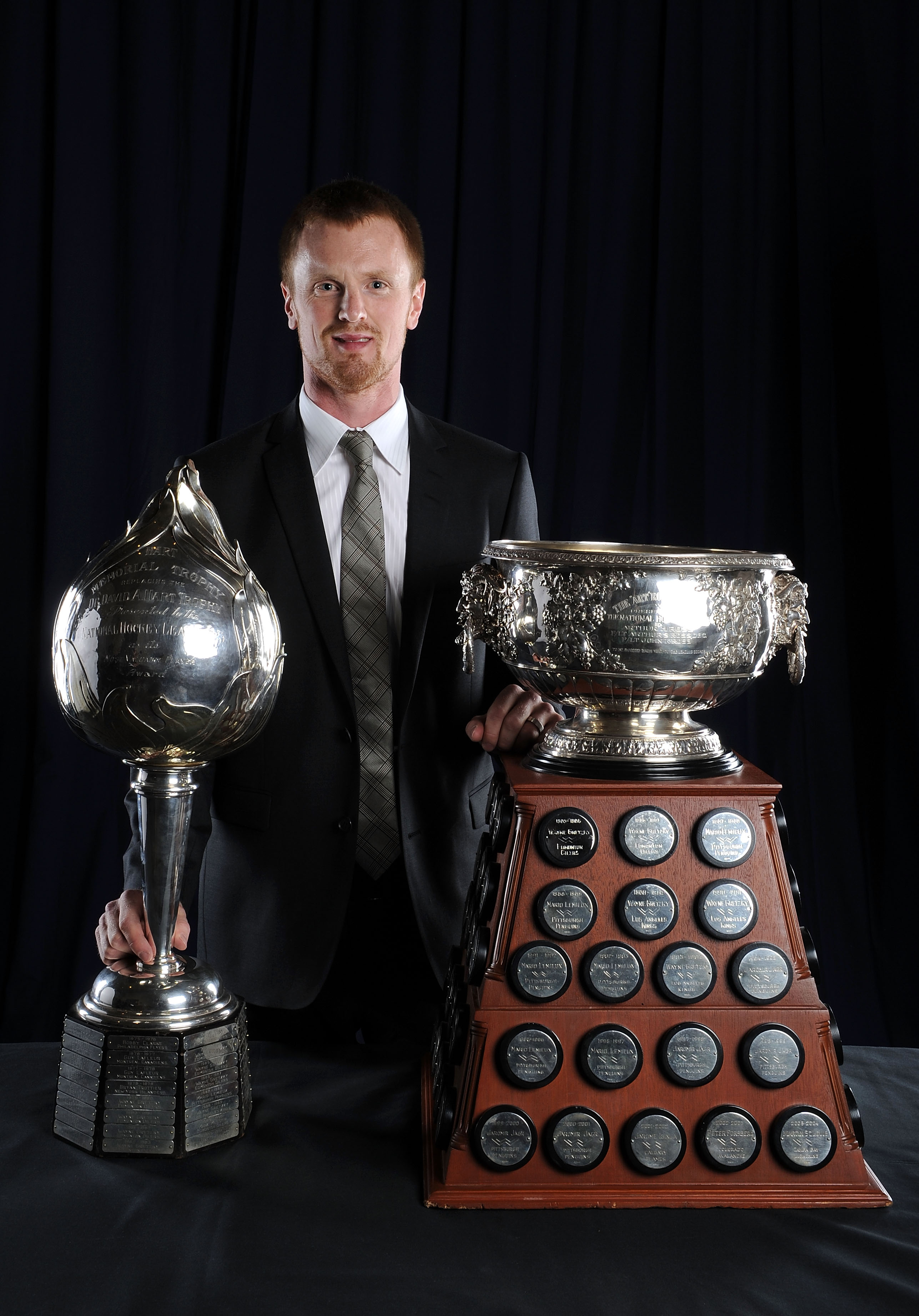 LAS VEGAS - JUNE 23:  Henrik Sedin of the Vancouver Canucks poses for a portrait with the Hart Memorial Trophy and the Art Ross Trophy during the 2010 NHL Awards at the Palms Casino Resort on June 23, 2010 in Las Vegas, Nevada.  (Photo by Harry How/Getty 