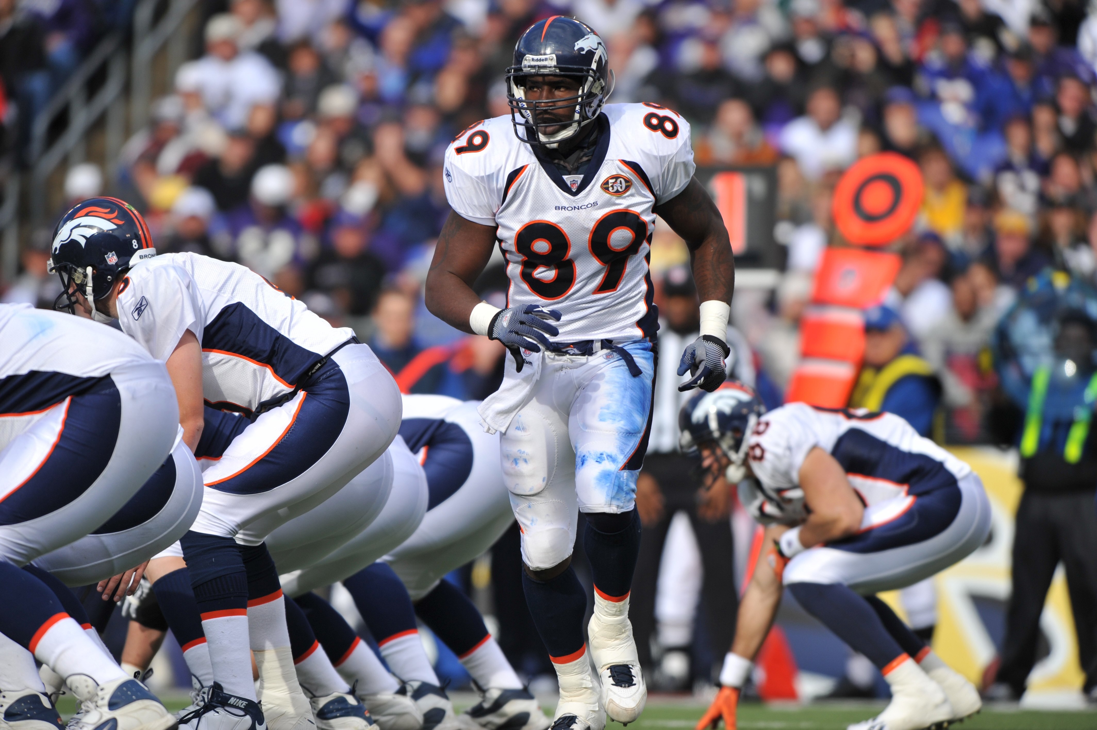 BALTIMORE - NOVEMBER 1:  Daniel Graham #89 of the Denver Broncos runs in the backfield during the game against the Baltimore Ravens at M&T Bank Stadium on November 1, 2009 in Baltimore, Maryland. The Ravens defeated the Broncos 30-7. (Photo by Larry Frenc