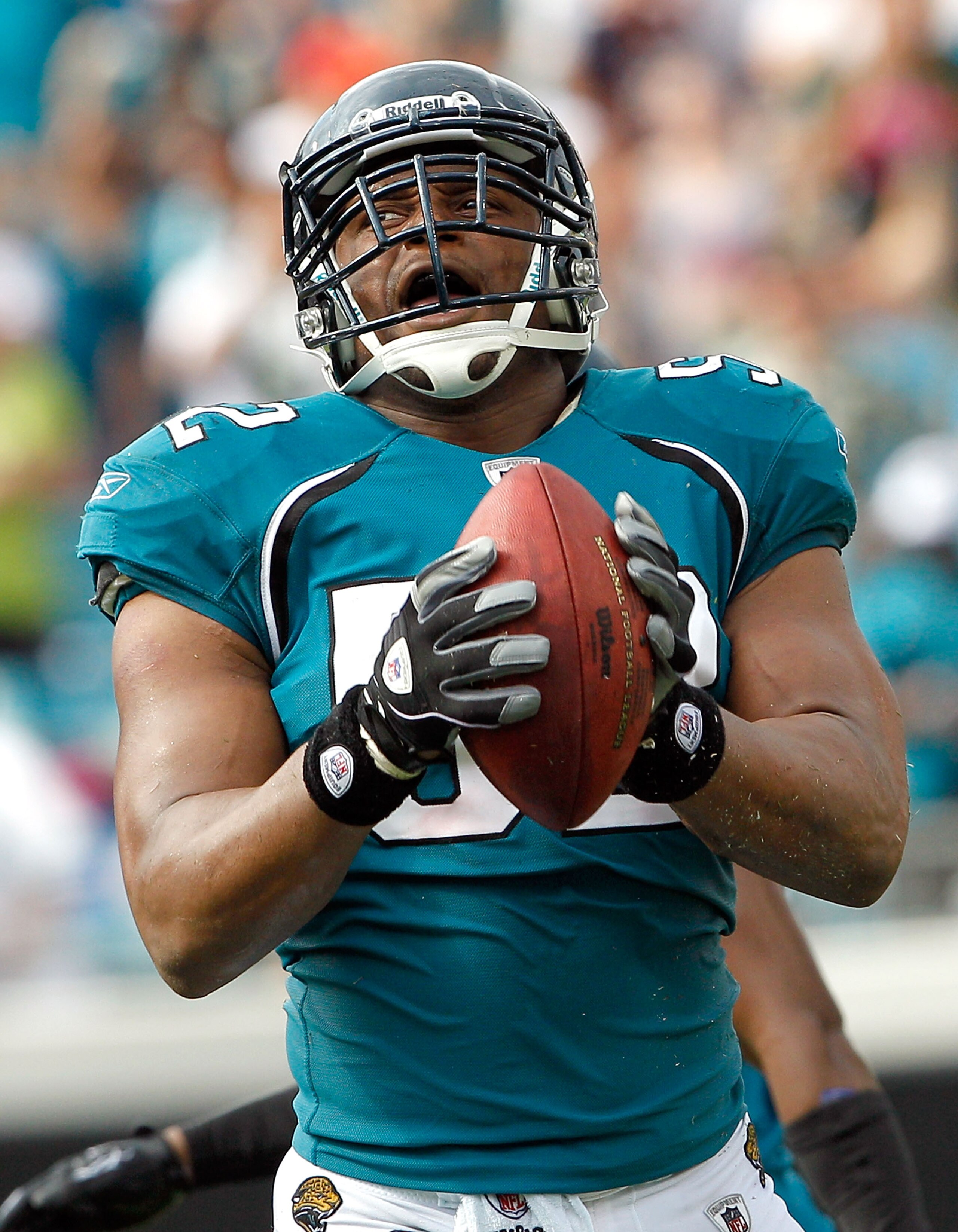 JACKSONVILLE, FL - SEPTEMBER 12:  Daryl Smith #52 of the Jacksonville Jaguars celebrates after making an interception during the NFL season opener game against the Denver Broncos at EverBank Field on September 12, 2010 in Jacksonville, Florida.  (Photo by