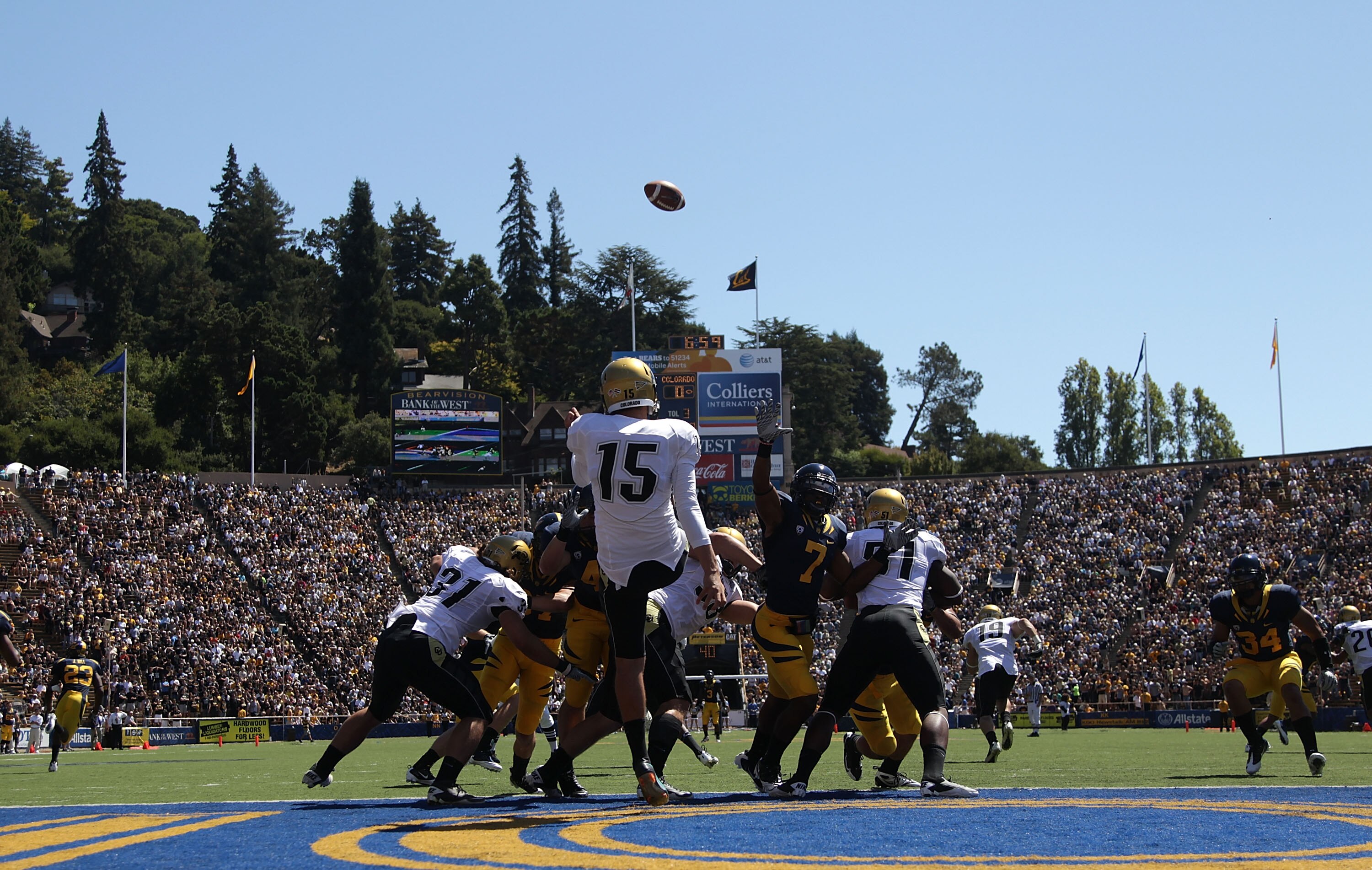 BERKELEY, CA - SEPTEMBER 11: Zach Grossnickle #15 of the Colorado Buffaloes punts against of the California Golden Bears at California Memorial Stadium on September 11, 2010 in Berkeley, California. (Photo by Jed Jacobsohn/Getty Images)