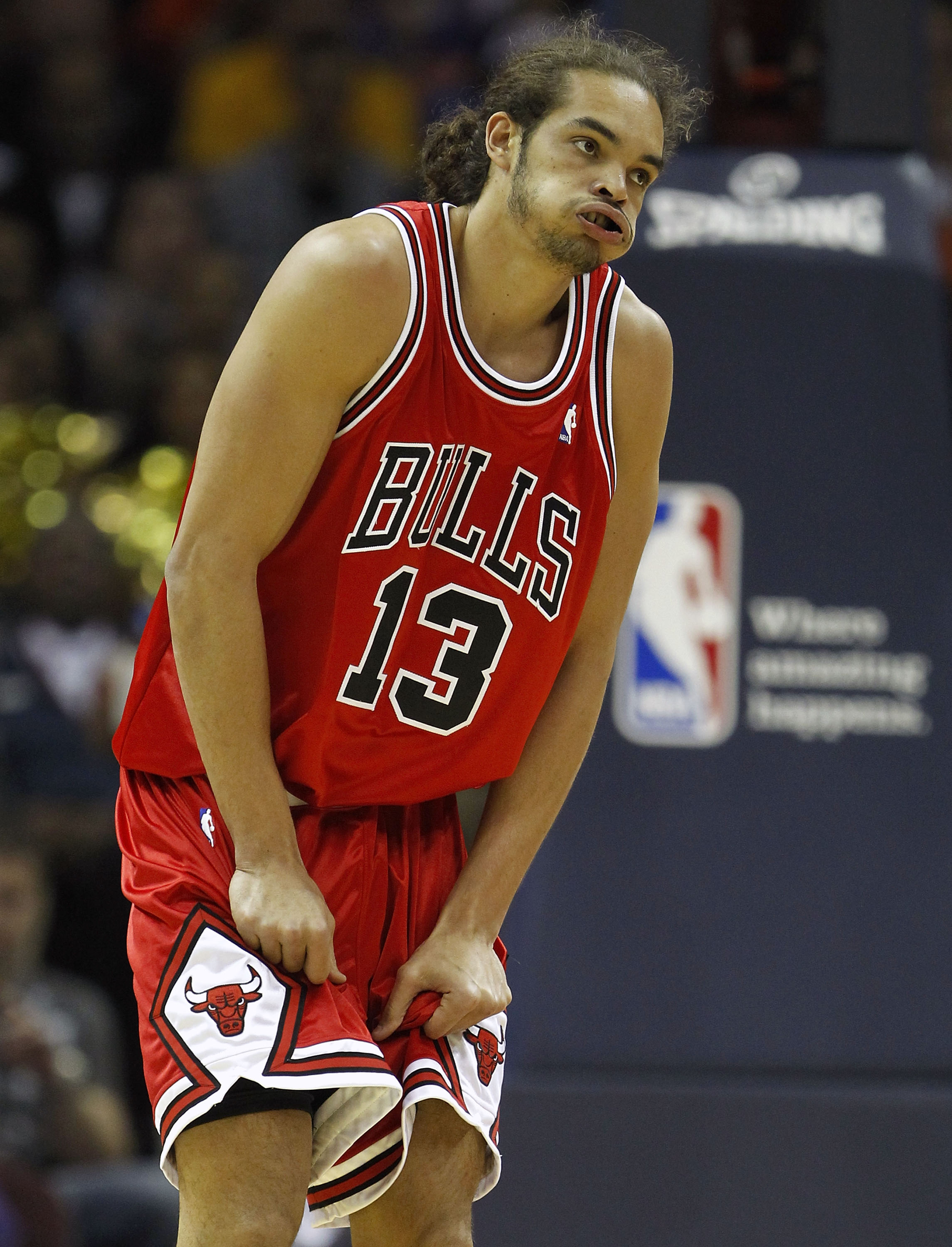 CLEVELAND - APRIL 19:  Joakim Noah #13 of the Chicago Bulls reacts after a first quarter foul against the Cleveland Cavaliers in Game Two of the Eastern Conference Quarterfinals during the 2010 NBA Playoffs at Quicken Loans Arena on April 19, 2010 in Clev