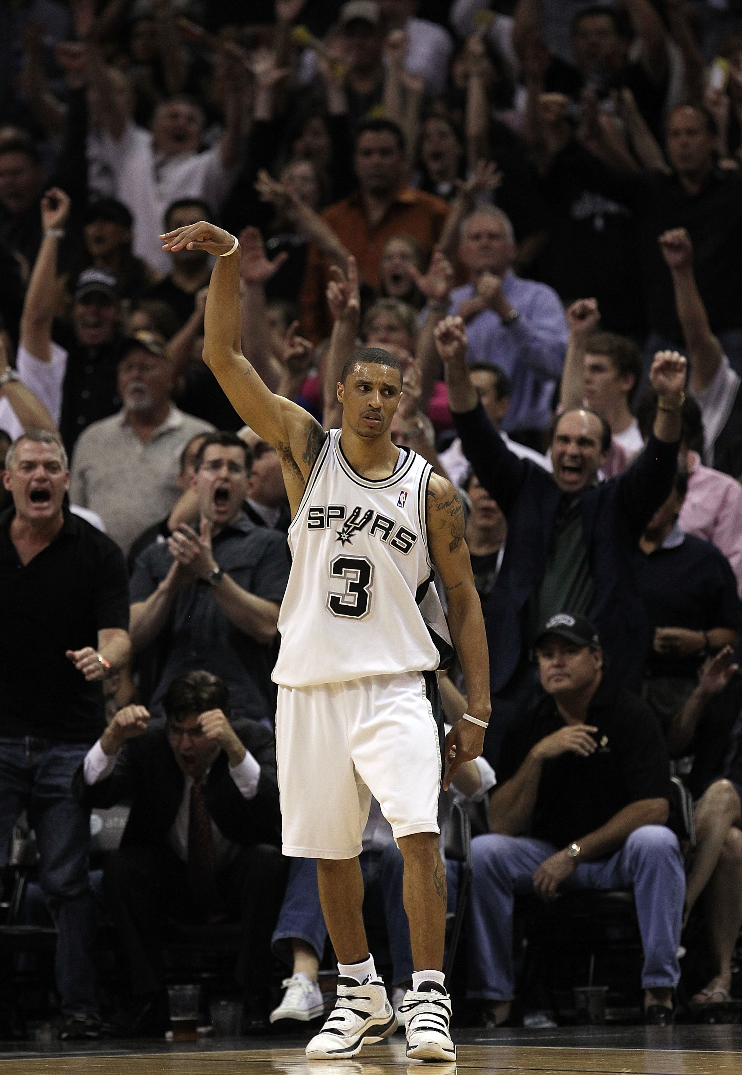 SAN ANTONIO - APRIL 29:  Guard George Hill #3 of the San Antonio Spurs reacts after making a three-point shot against the Dallas Mavericks in Game Six of the Western Conference Quarterfinals during the 2010 NBA Playoffs at AT&T Center on April 29, 2010 in