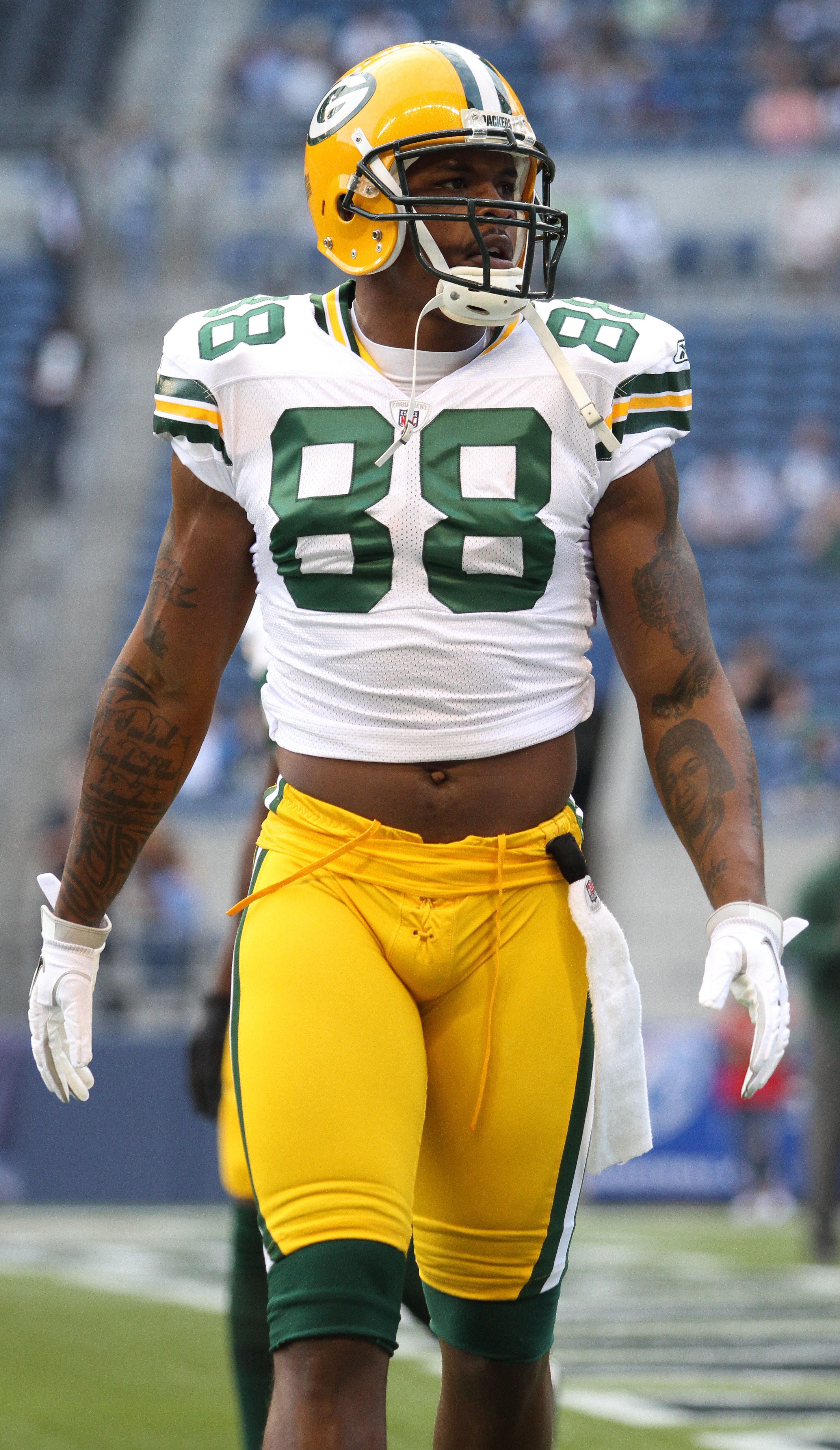 SEATTLE - AUGUST 21:  Tight end Jermichael Finley #88 of the Green Bay Packers looks on during warmups prior to the preseason game against the Seattle Seahawks at Qwest Field on August 21, 2010 in Seattle, Washington. (Photo by Otto Greule Jr/Getty Images