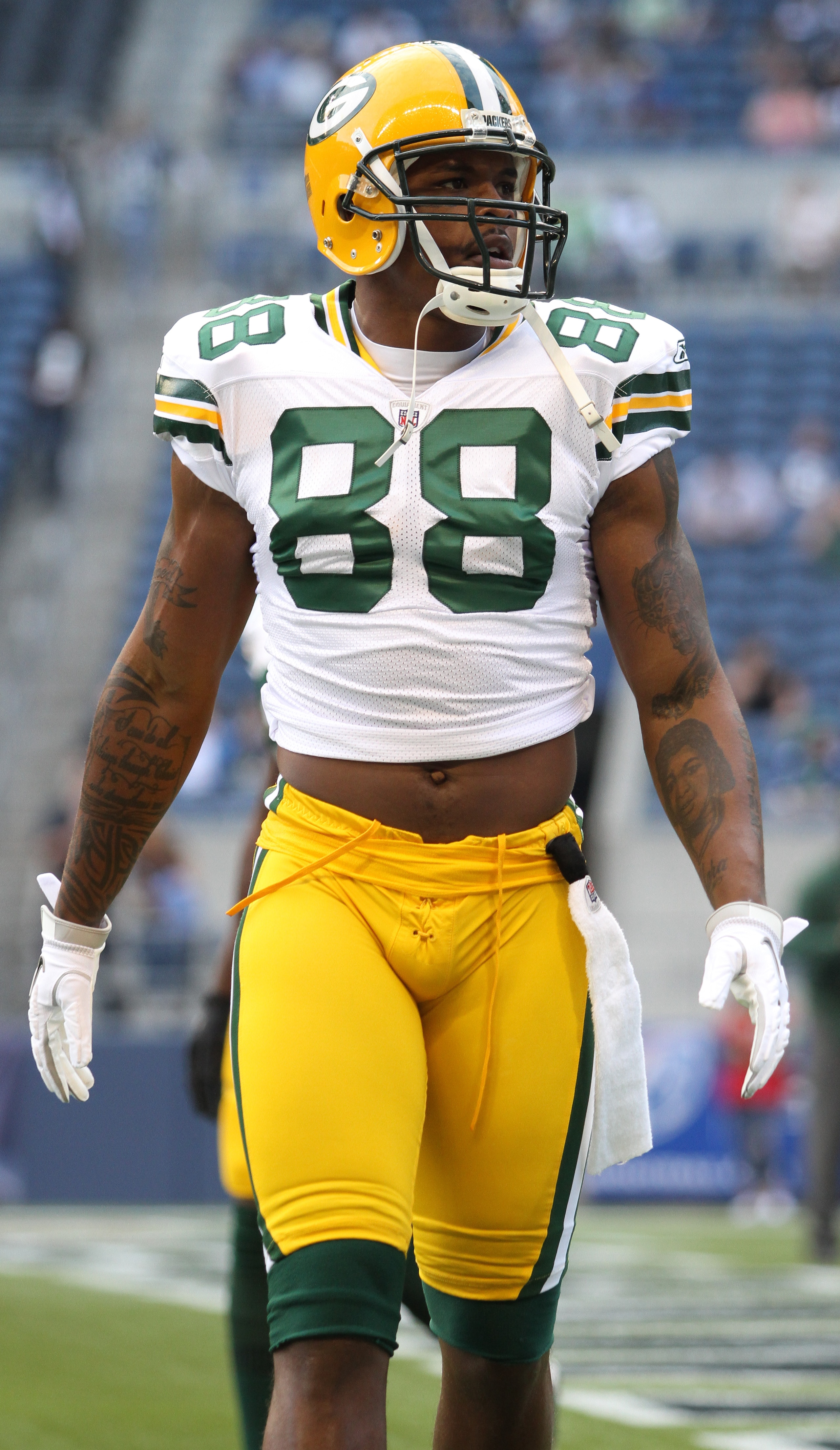 SEATTLE - AUGUST 21:  Tight end Jermichael Finley #88 of the Green Bay Packers looks on during warmups prior to the preseason game against the Seattle Seahawks at Qwest Field on August 21, 2010 in Seattle, Washington. (Photo by Otto Greule Jr/Getty Images