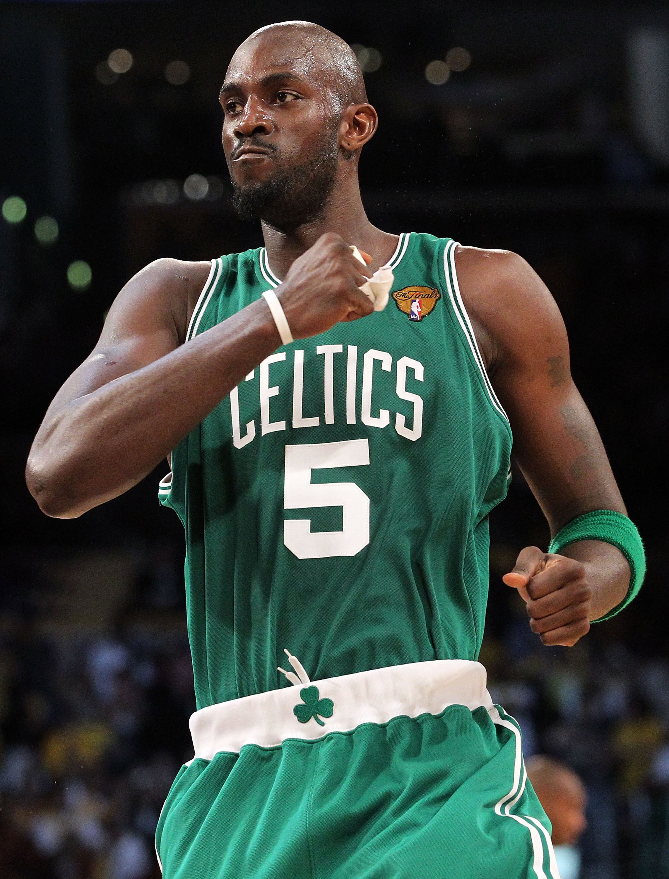 LOS ANGELES, CA - JUNE 15:  Kevin Garnett #5 of the Boston Celtics reacts before taking on the Los Angeles Lakers in Game Six of the 2010 NBA Finals at Staples Center on June 15, 2010 in Los Angeles, California.  NOTE TO USER: User expressly acknowledges
