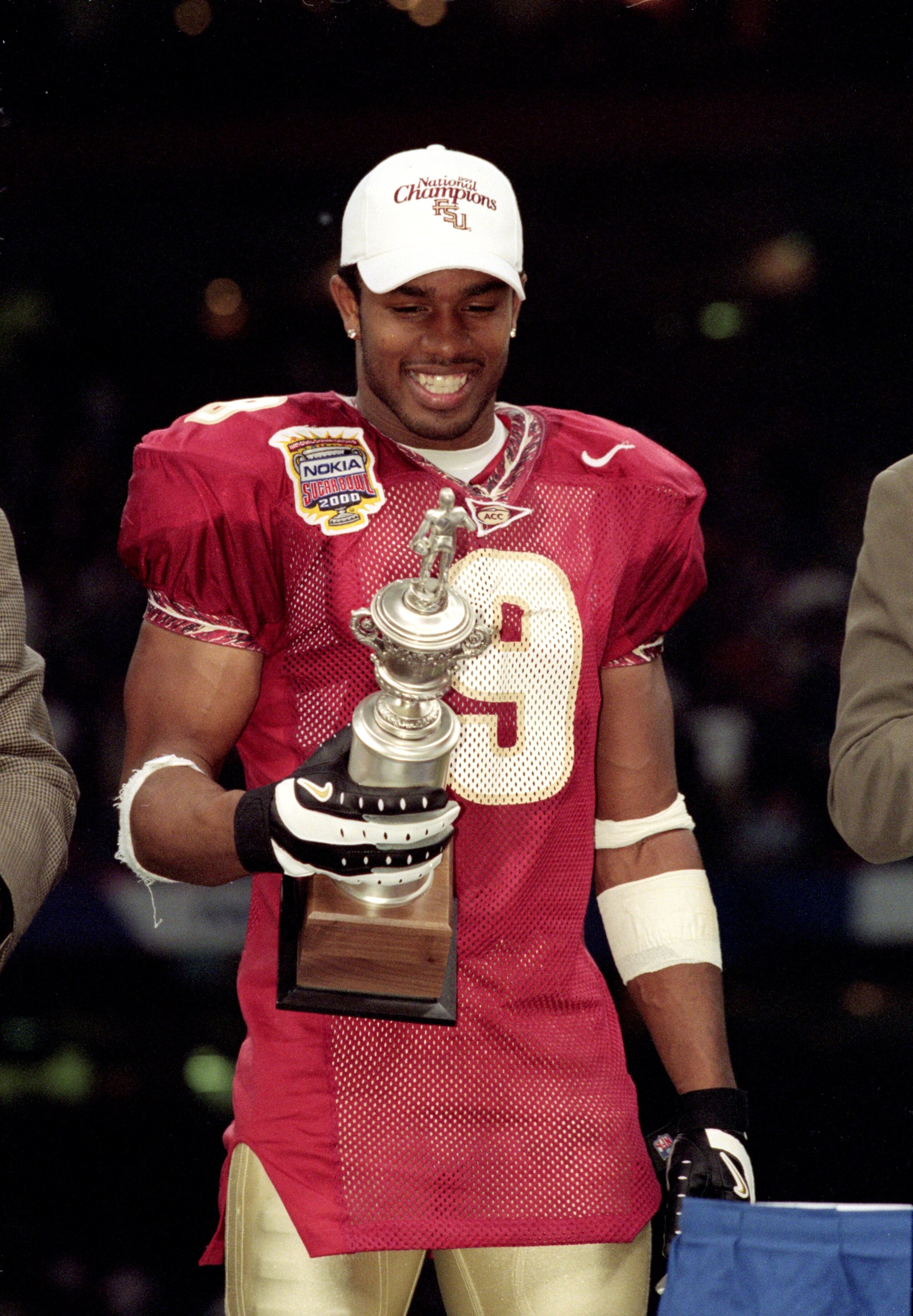 5 Jan 2000:  Peter Warrick #9 of the Florida State Seminoles smiles and holds his trophy for MVP of the game after the Nokita Sugar Bowl Game against the Virginia Tech Hokies at the Louisiana Superdome in New Orleans, Louisiana. The Seminoles defeated the