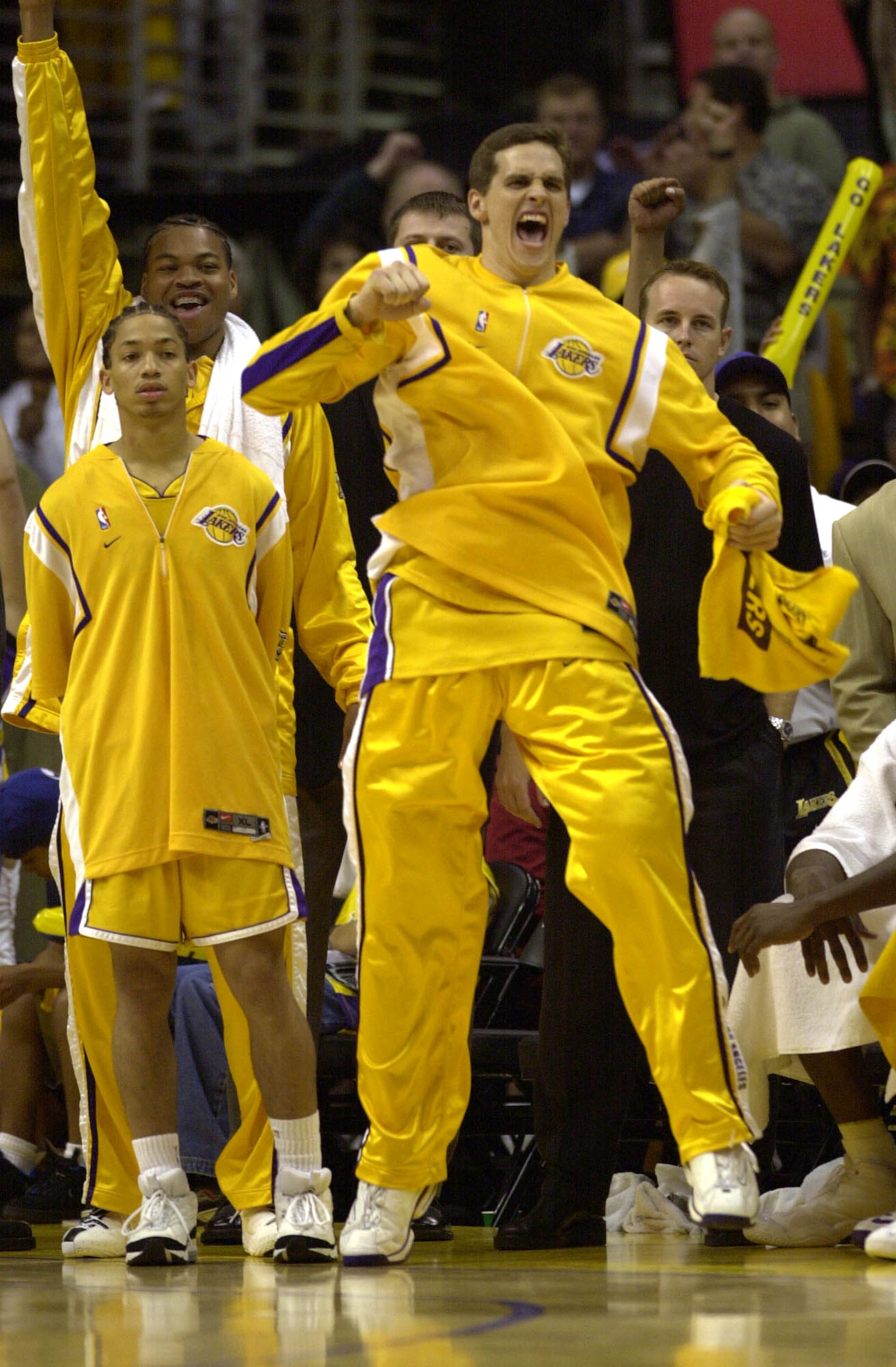 8 Jun 2001:  Mark Madsen #35 of the Los Angeles Lakers celebrates in game two of the NBA Finals against the Philadelphia 76ers at Staples Center in Los Angeles, California.  The Lakers won 98-89.  DIGITAL IMAGE.  Mandatory Credit: Otto Greule/Allsport.