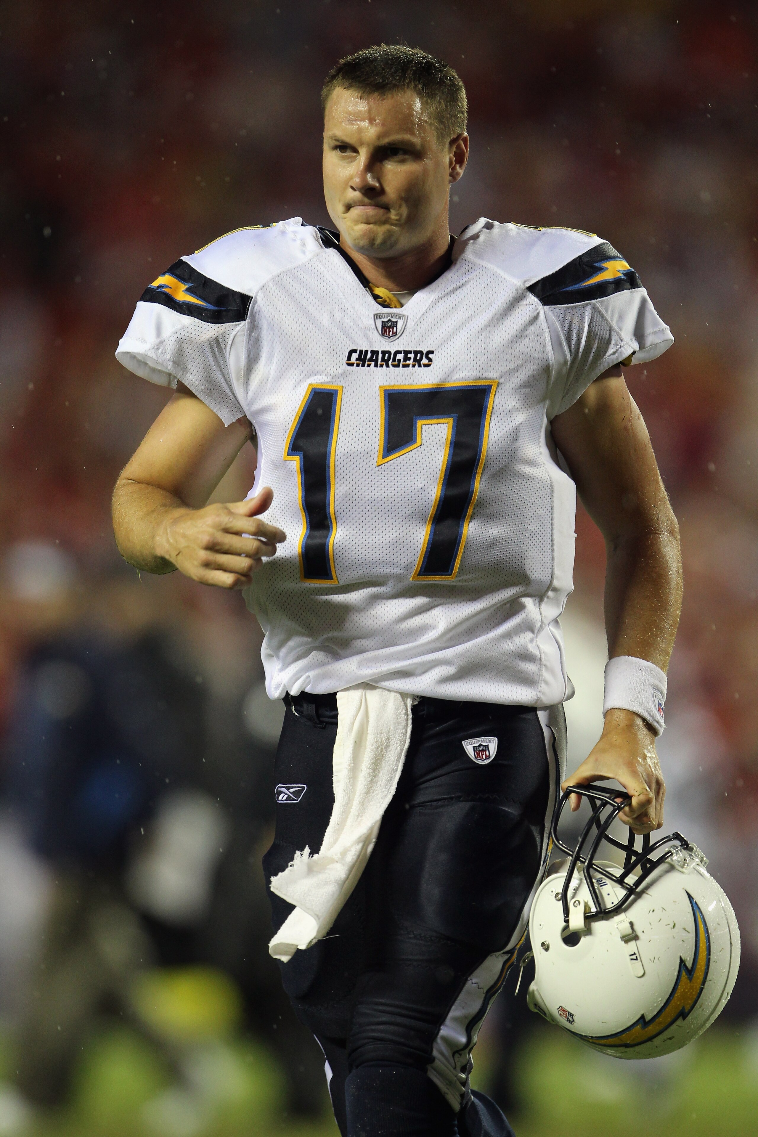 KANSAS CITY, MO - SEPTEMBER 13:  Quarterback Philip Rivers #17 of the San Diego Chargers jogs off the field follwing the game against the Kansas City Chiefs on September 13, 2010 at Arrowhead Stadium in Kansas City, Missouri.  (Photo by Jamie Squire/Getty