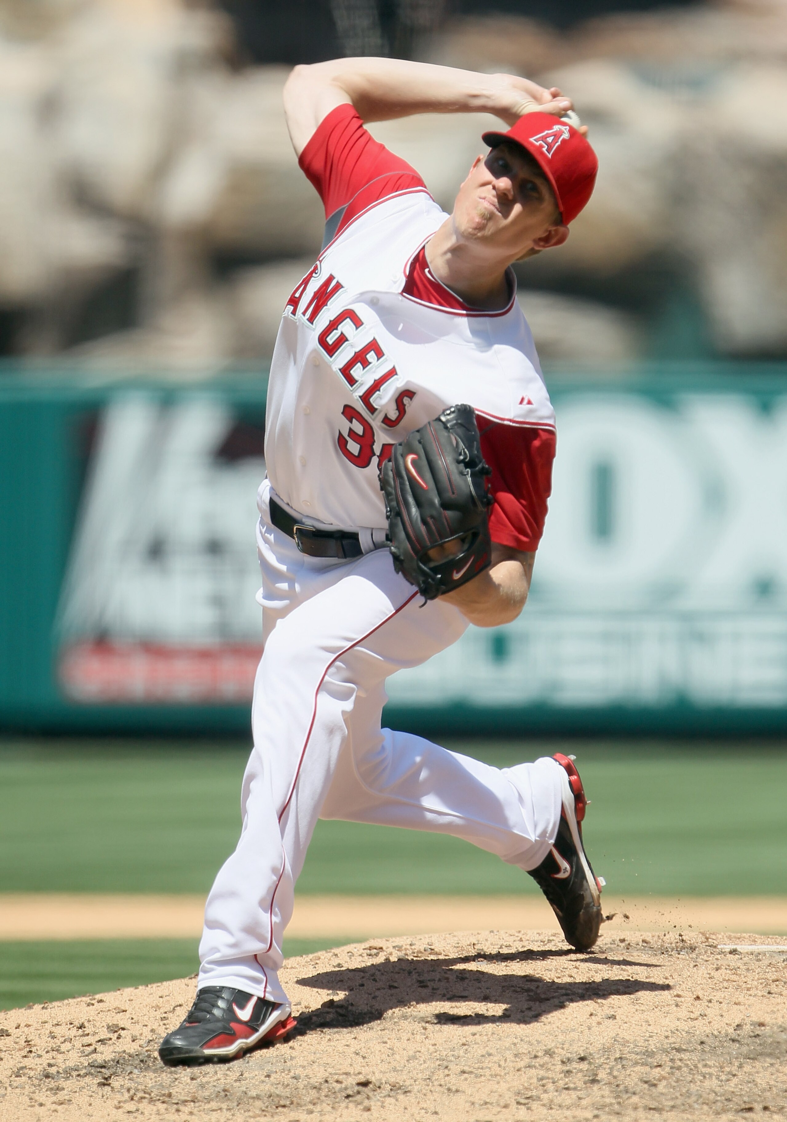 ANAHEIM, CA - AUGUST 11:  Jered Weaver #36 of the Los Angeles Angels of Anaheim pitches against the Kansas City Royals in the sixth inning at Angel Stadium on August 11, 2010 in Anaheim, California.  The Angels defeated the Royals 2-1 in ten innings.  (Ph
