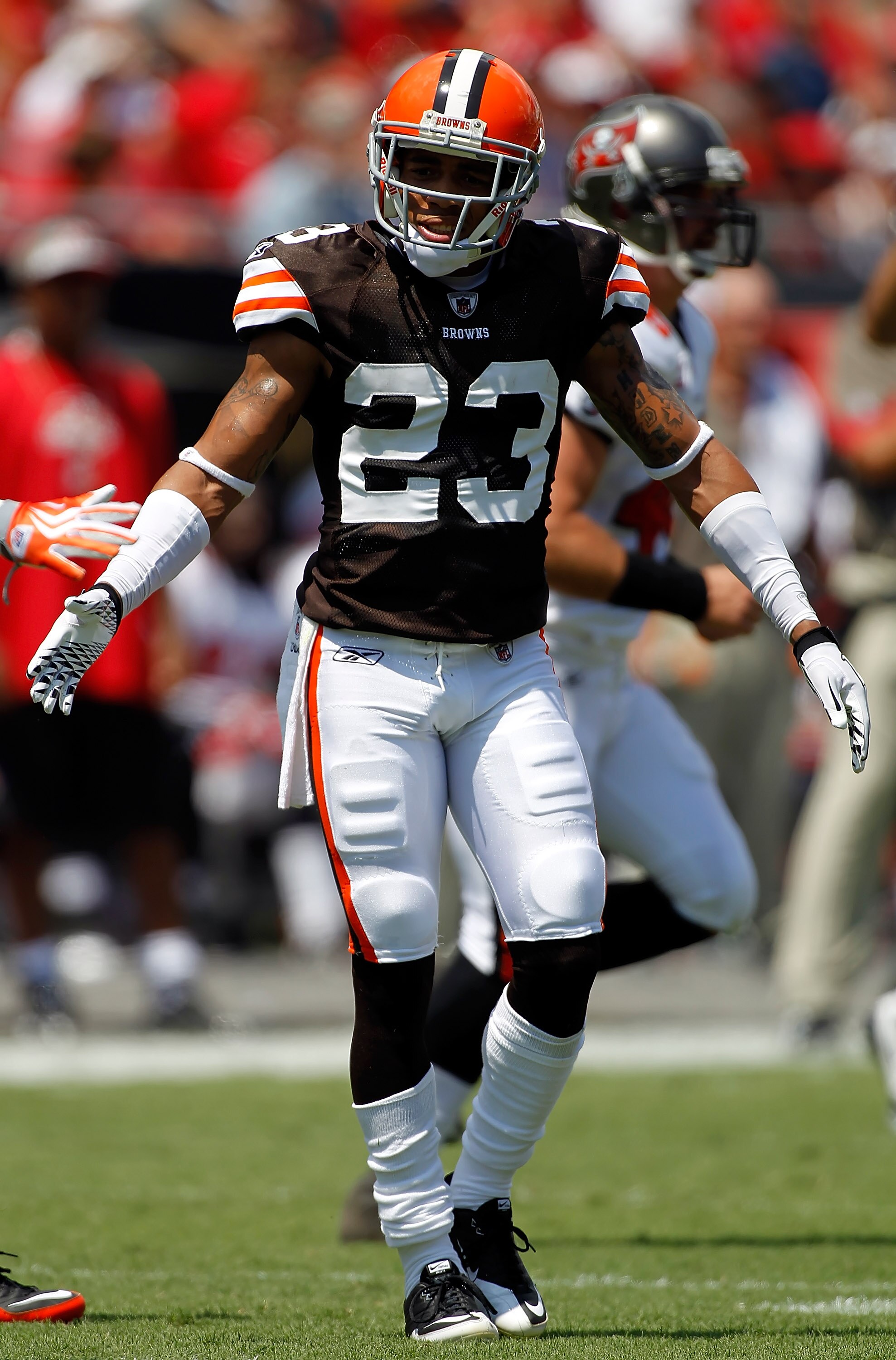 TAMPA, FL - SEPTEMBER 12:  Cornerback Joe Haden #23 of the Cleveland Browns is congratulated after breaking up a pass against the Tampa Bay Buccaneers during the NFL season opener game at Raymond James Stadium on September 12, 2010 in Tampa, Florida.  (Ph