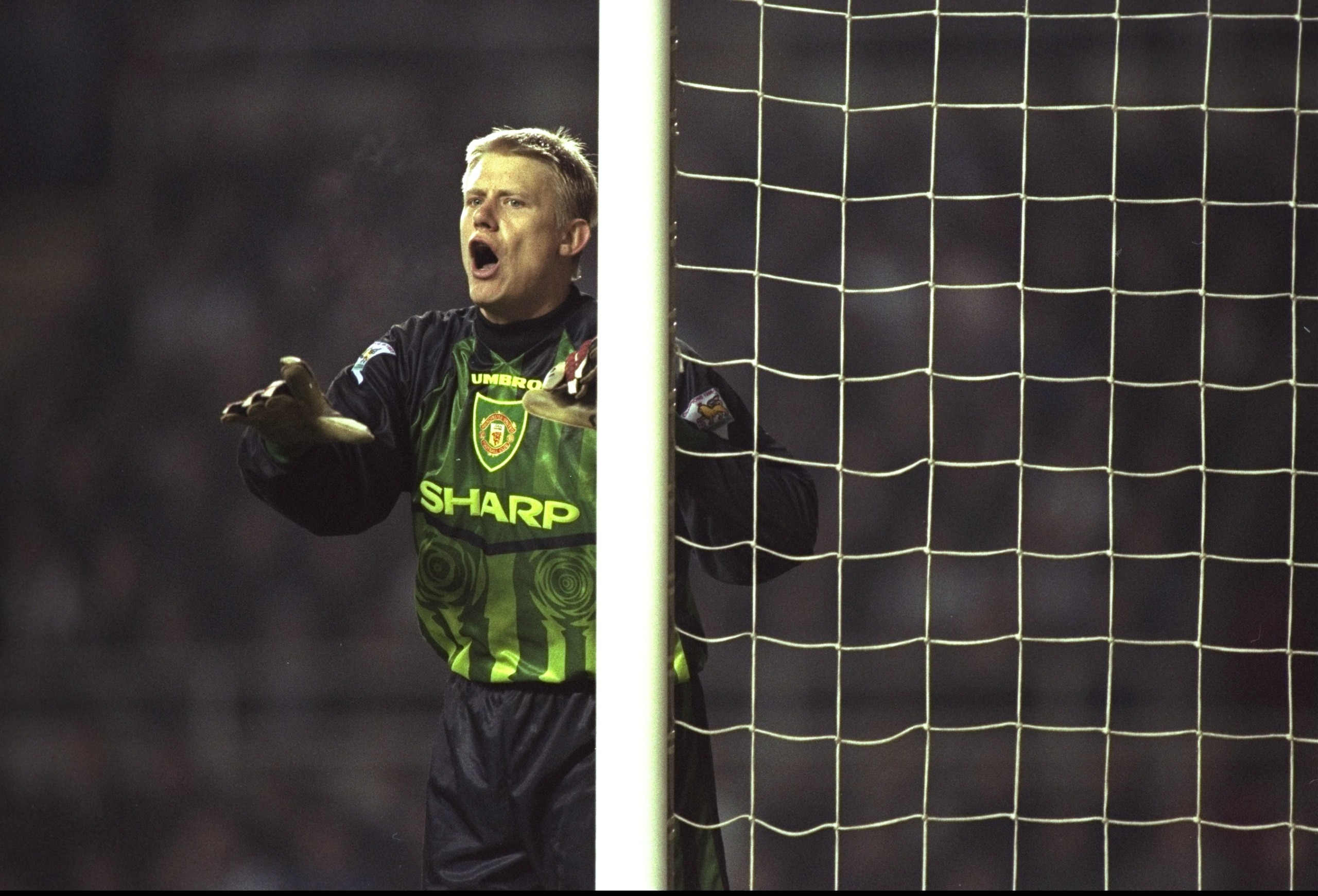 21 Dec 1997:  Peter Schmeichel of Manchester United controls his defence from the near post during the FA Carling Premiership match against Newcastle United at St James'' Park in Newcastle, England. Manchester United won the match 0-1. \ Mandatory Credit: